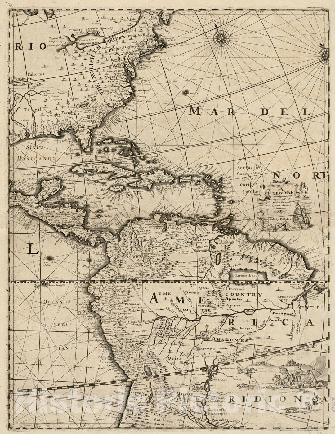 Historical Map, 1700 A New map containing The English Empire Golf of Mexico Caribes Islands Granada Guiana Amazone and Peru, Vintage Wall Art