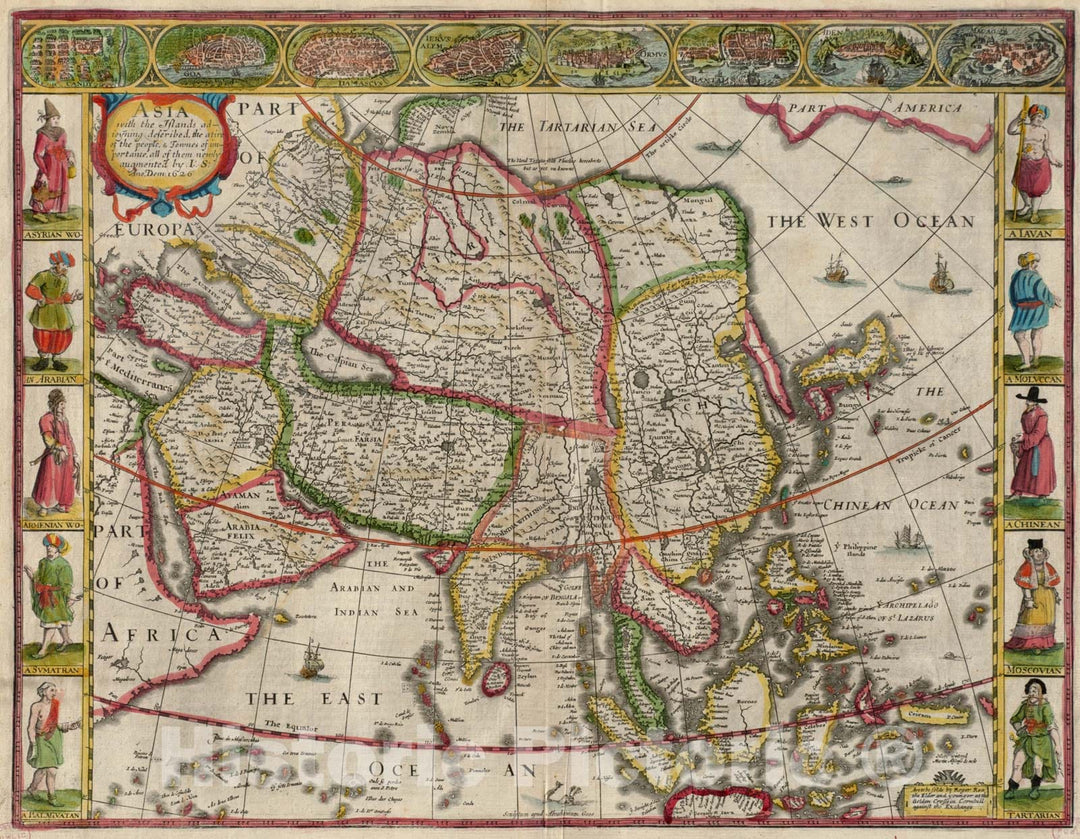 Historical Map, 1662 Asia : with The Islands adioyning described, The atire of The People, Townes of Importance, All of Them Newly Augmented, Vintage Wall Art