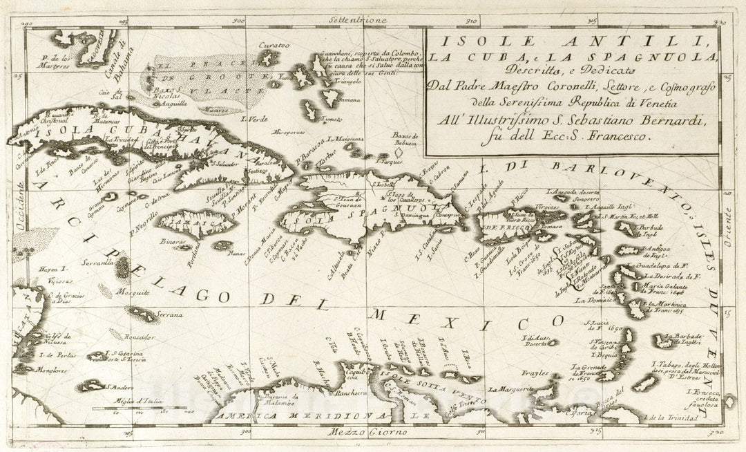 Historical Map, 1697 Isole Antili, la Cuba, la Spagnuola, Vintage Wall Art