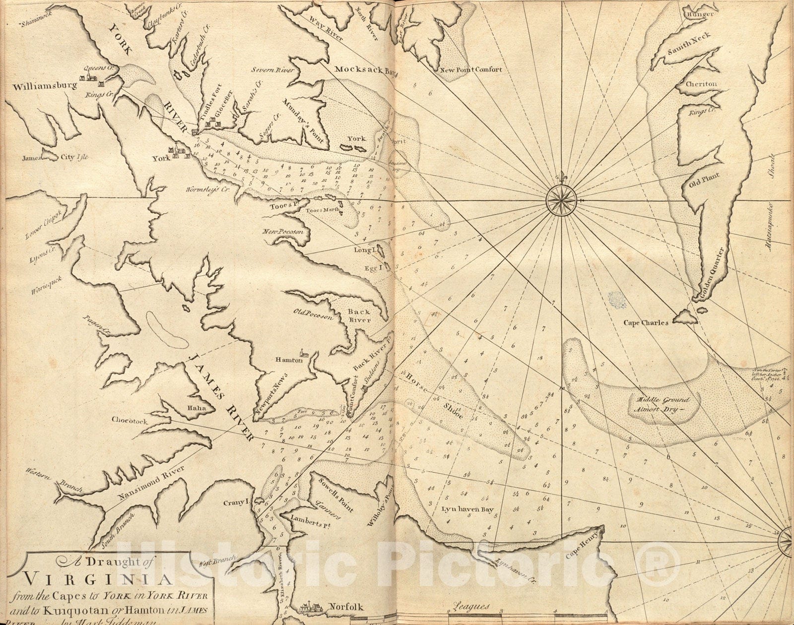 Historical Map, 1737 A Draught of Virginia from The Capes to York in York River and to Kuiquotan or Hamton in James River, Vintage Wall Art