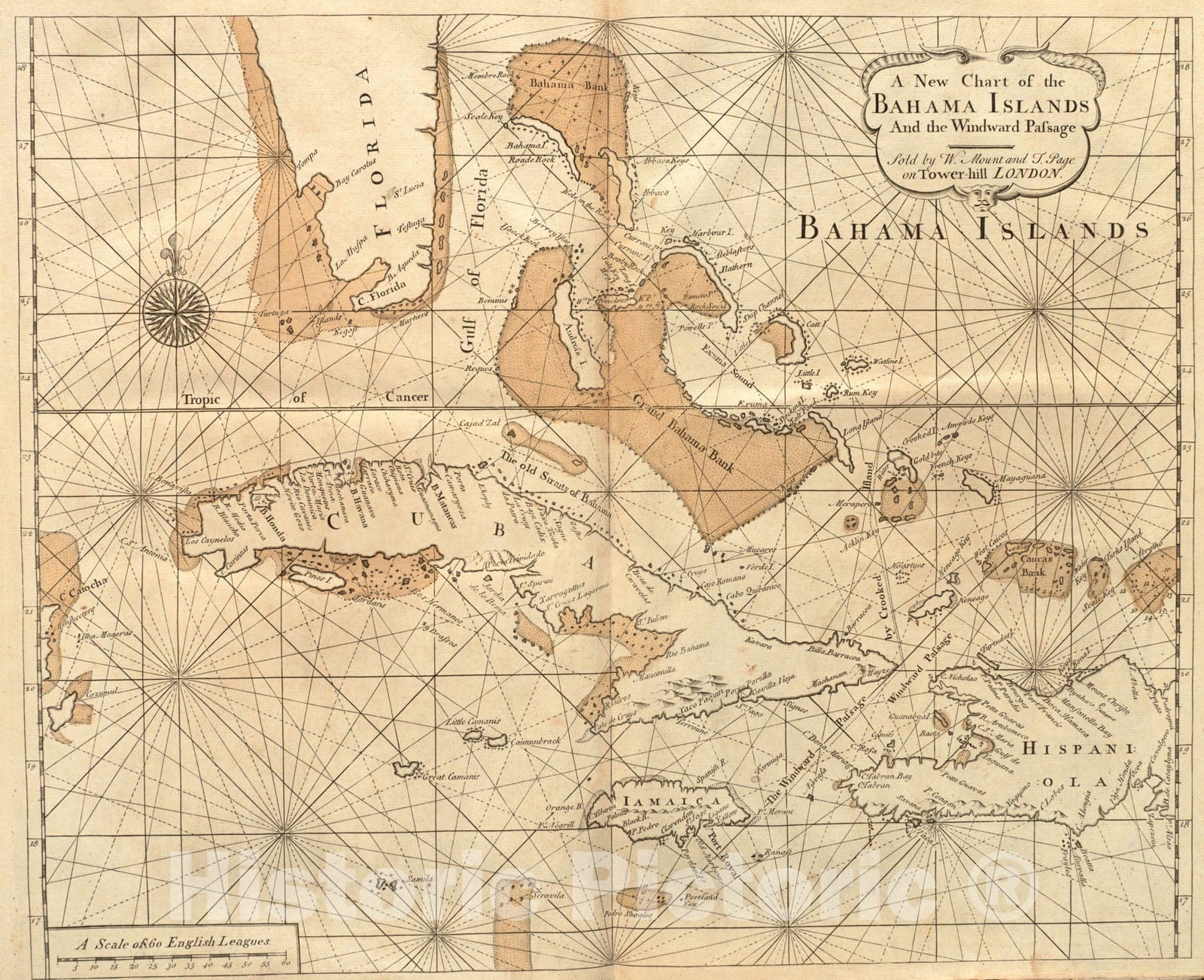 Historical Map, 1737 A New Chart of The Bahama Islands and The Windward Passage, Vintage Wall Art