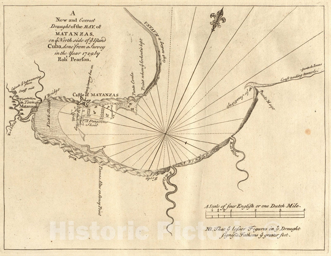 Historical Map, A New and Correct Draught of The Bay of Matanzas : on ye North Side of ye Island of Cuba ; Done from a Survey in The Year 1729 by Robt. Pearson, Vintage Wall Art