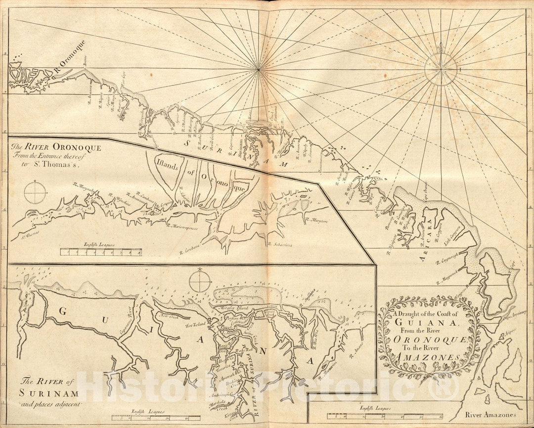 Historical Map, 1737 A draught of the coast of Guiana, from the river Oronoque to the river Amazones, Vintage Wall Art