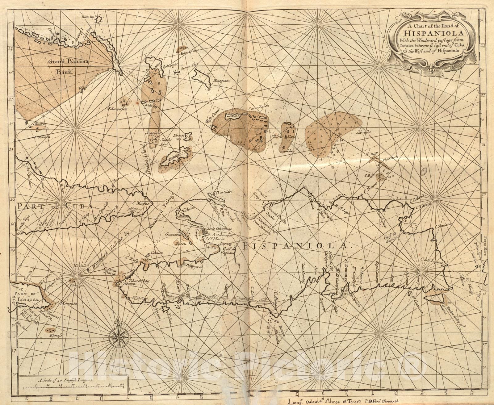 Historical Map, 1737 A chart of the iland of Hispaniola : with the Windward passage from Iamaica betwene ye east end of Cuba & the west end of Hispaniola, Vintage Wall Art