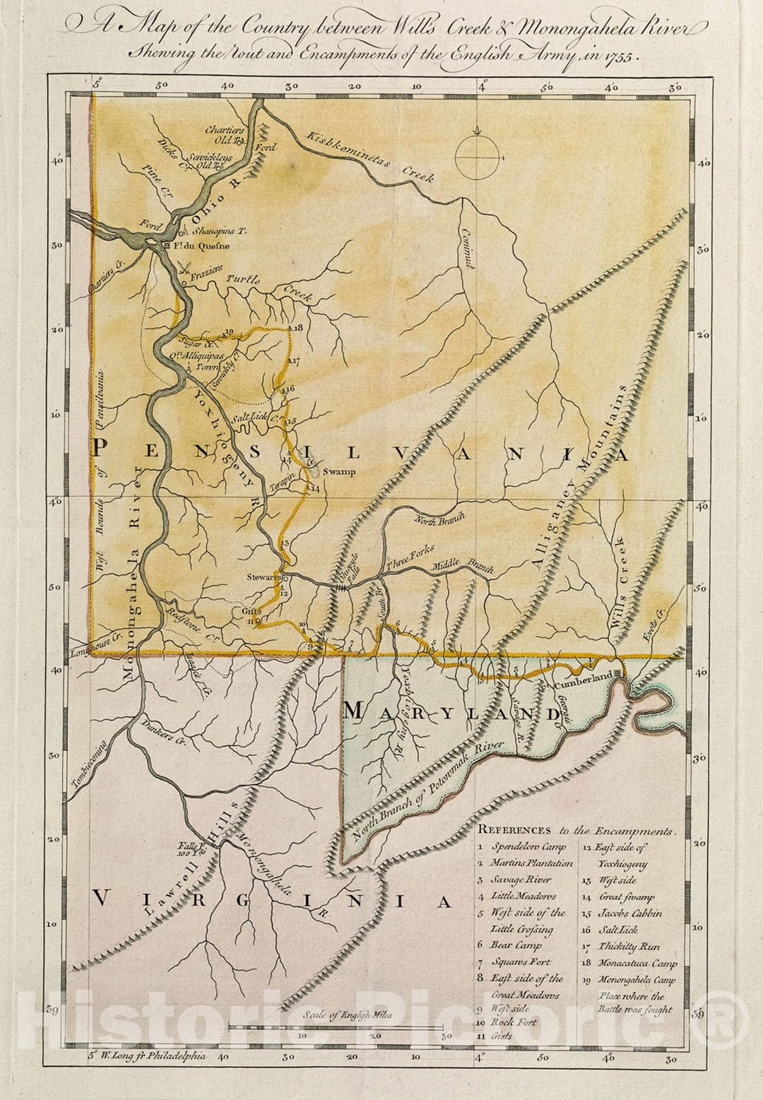 Historical Map, A map of the country between Will's Creek & Monongahela River shewing the rout and encampments of the English army in 1755, Vintage Wall Art