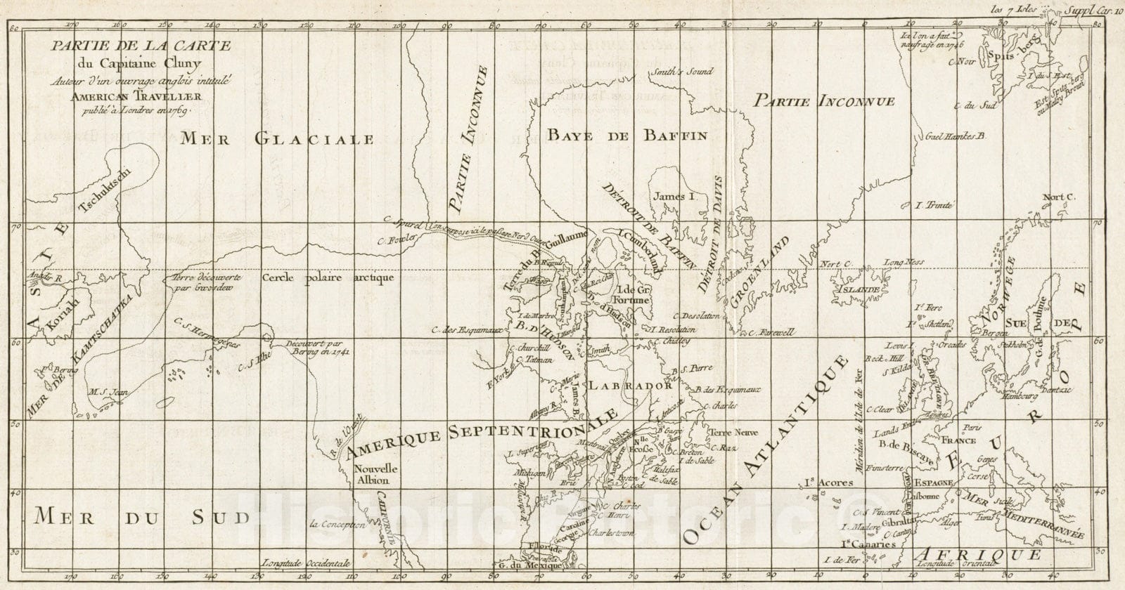 Historical Map, Partie de la Carte du Capitaine Cluny, auteur d'un ouvrage anglois intitule American Traveller publie a Londres en 1769, Vintage Wall Art