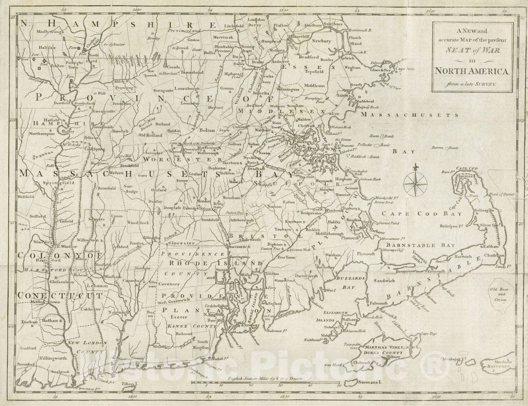 Historical Map, 1775 A New and Accurate map of The Present seat of war in North America : from a Late Survey, Vintage Wall Art