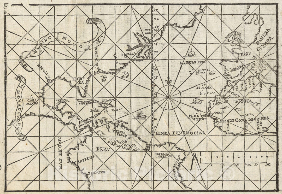 Historical Map, 1554 Atlantic Ocean, Vintage Wall Art