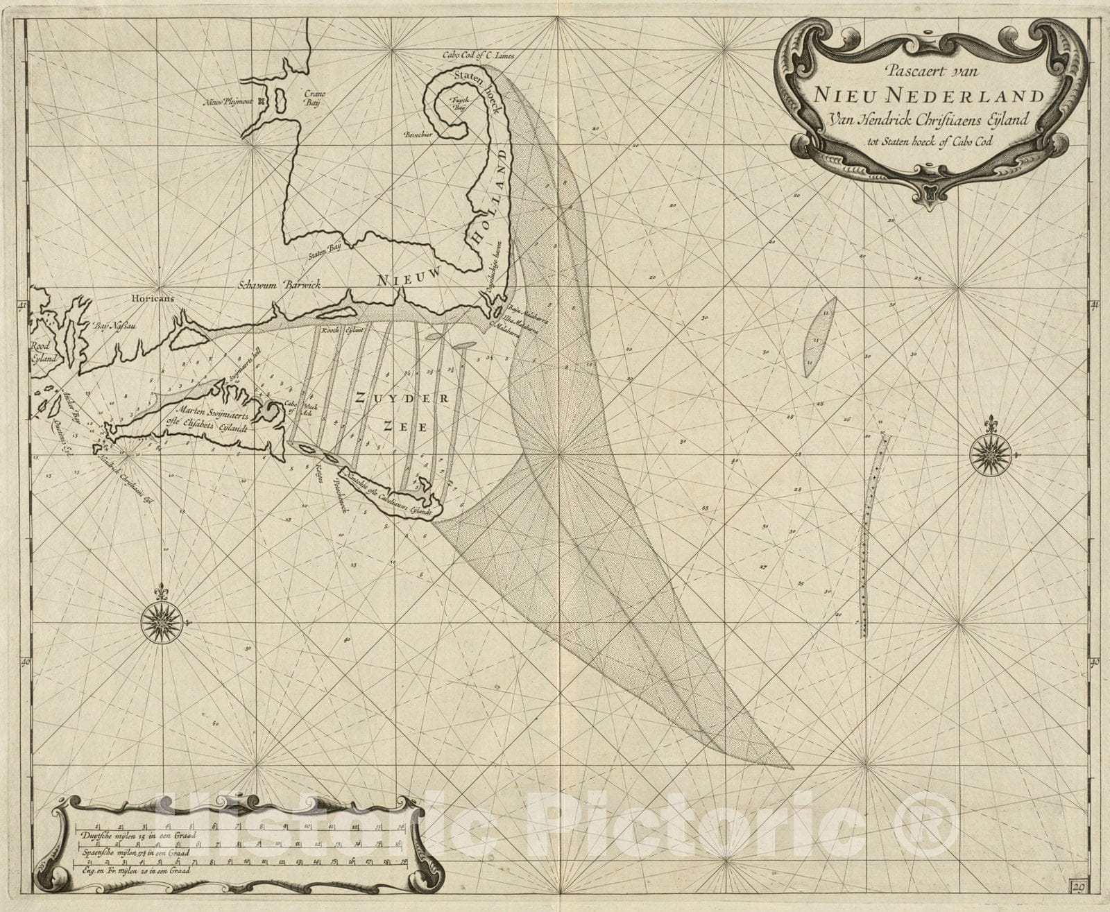 Historical Map, 1675 Pascaert Van Nieu Nederland Van Hendrick Christiaens Eijland tot Staten hoeck of Cabo Cod, Vintage Wall Art