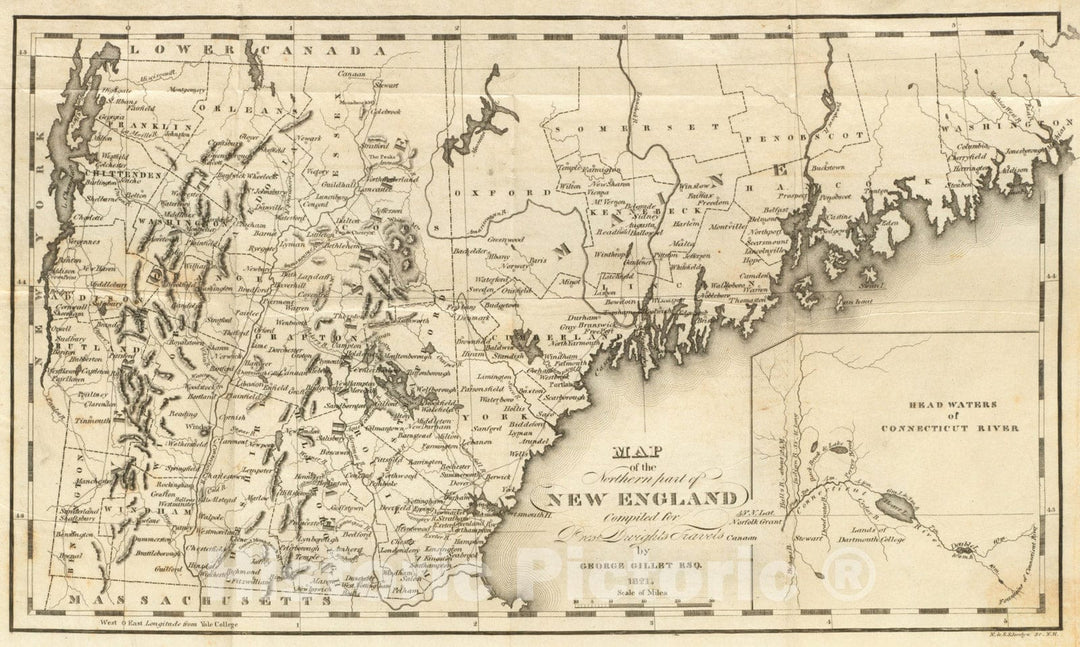 Historical Map, 1821 Map of The Northern Part of New England : compiled for Pres't. Dwight's Travels, Vintage Wall Art