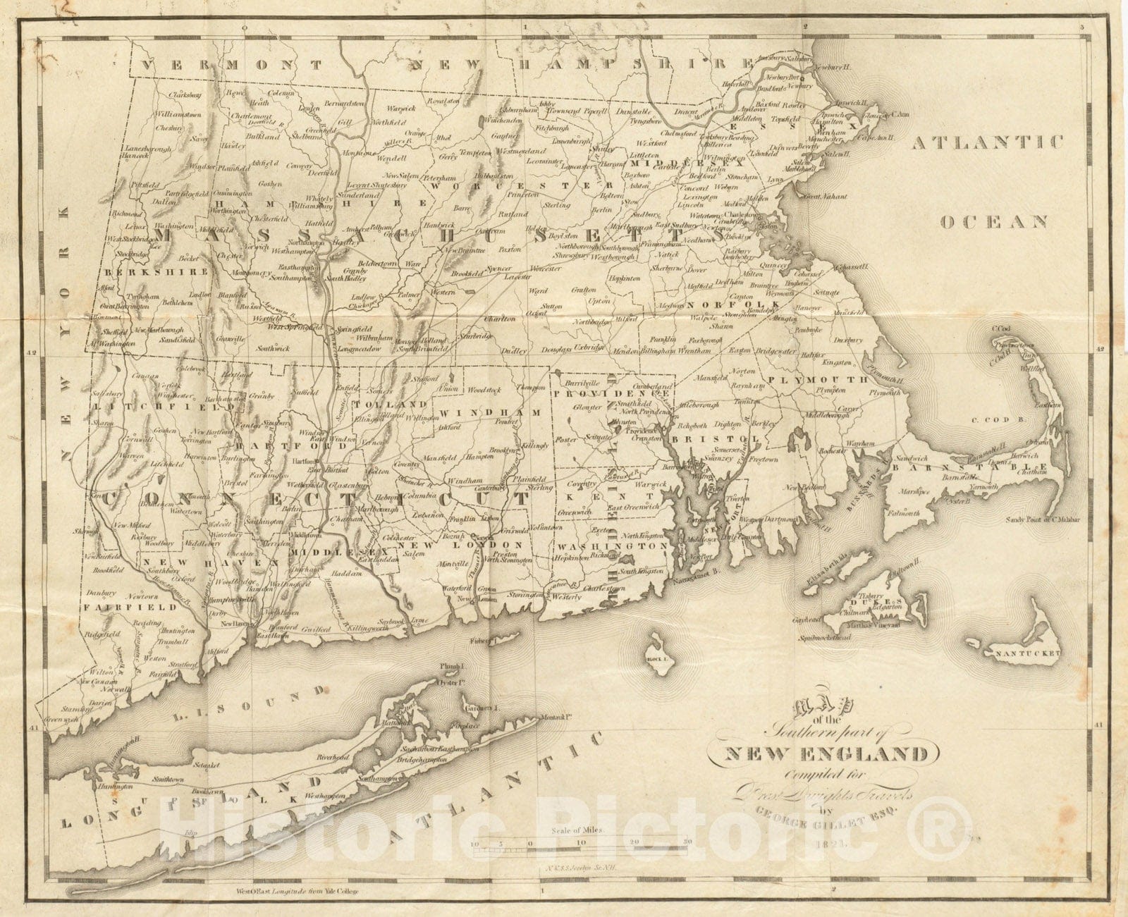 Historical Map, 1821 Map of The Southern Part of New England : compiled for Pres't. Dwights Travels, Vintage Wall Art