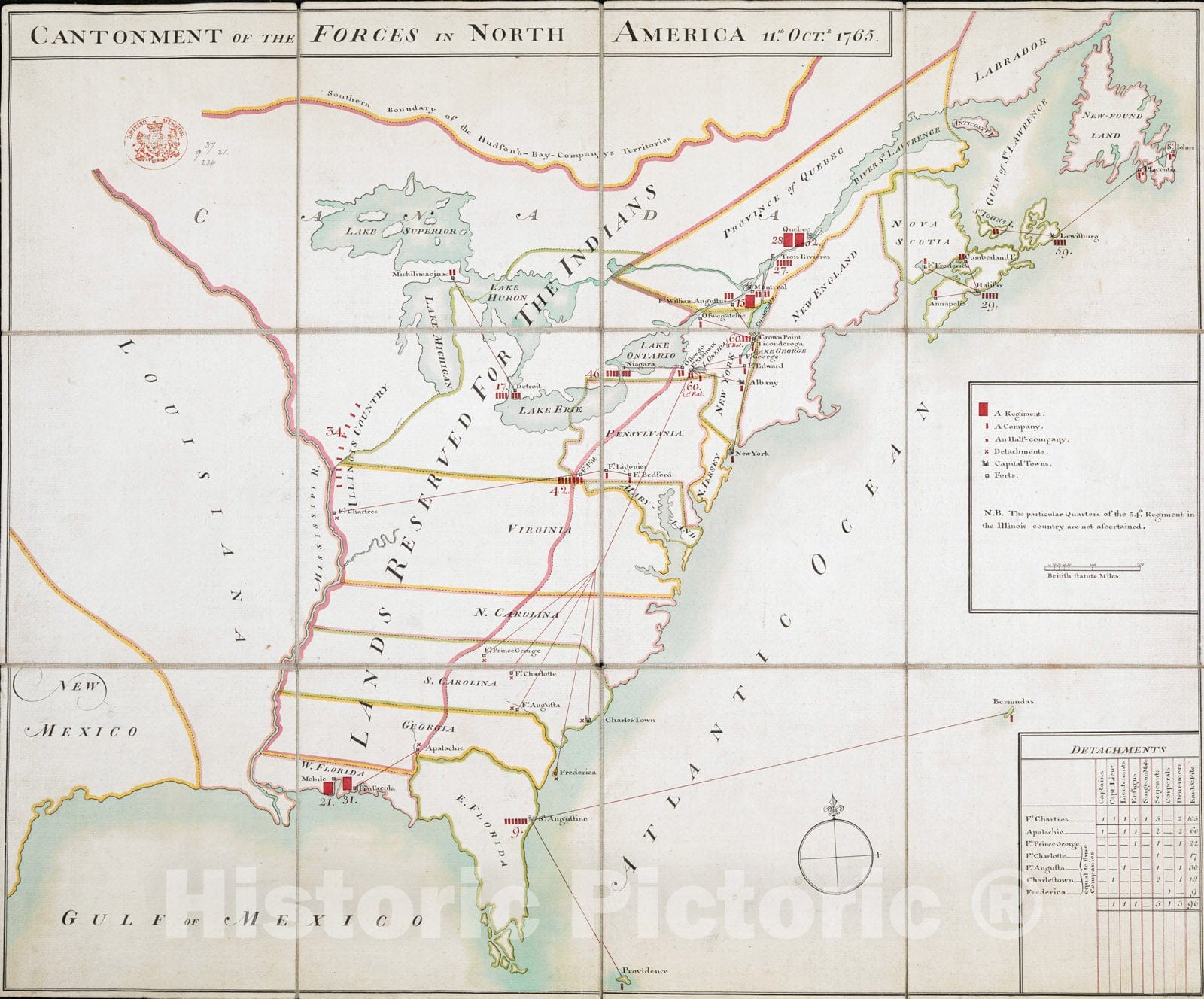 Historical Map, Cantonment of The Forces in North America 11.th OCT.R 1765, Vintage Wall Art