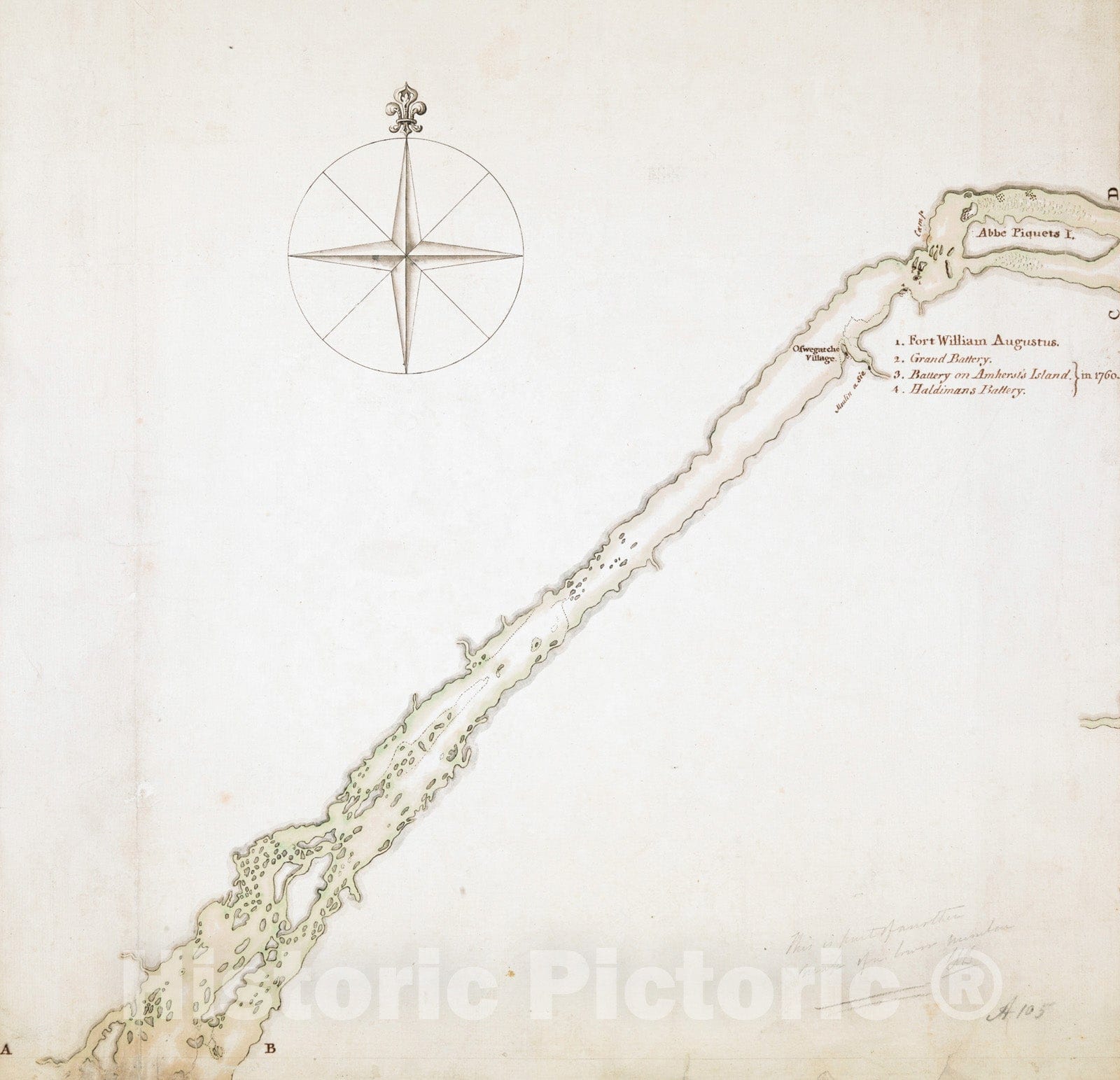 Historical Map, c.1760 Lake Ontario & River S.t Laurence from The Lake to Fort William Augustus in Three Rivers, This was Taken from a French Draft, Vintage Wall Art