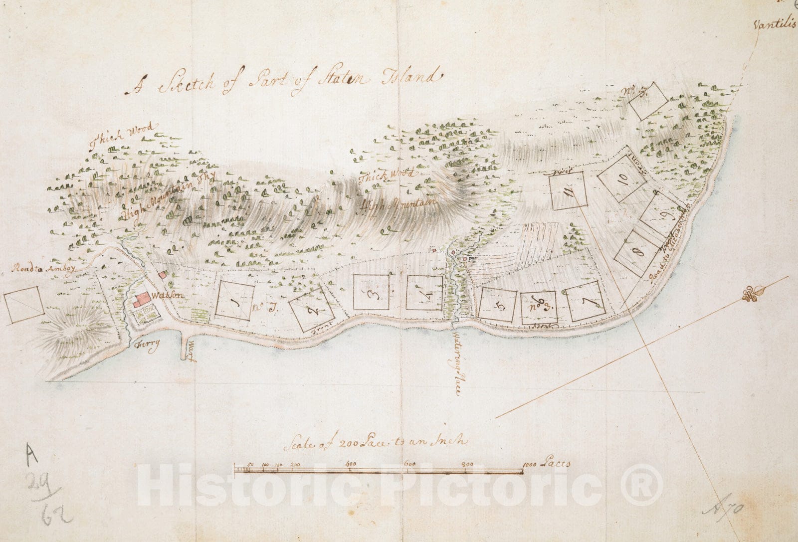 Historical Map, 1755 A Sketch of Part of Staten Island, Vintage Wall Art