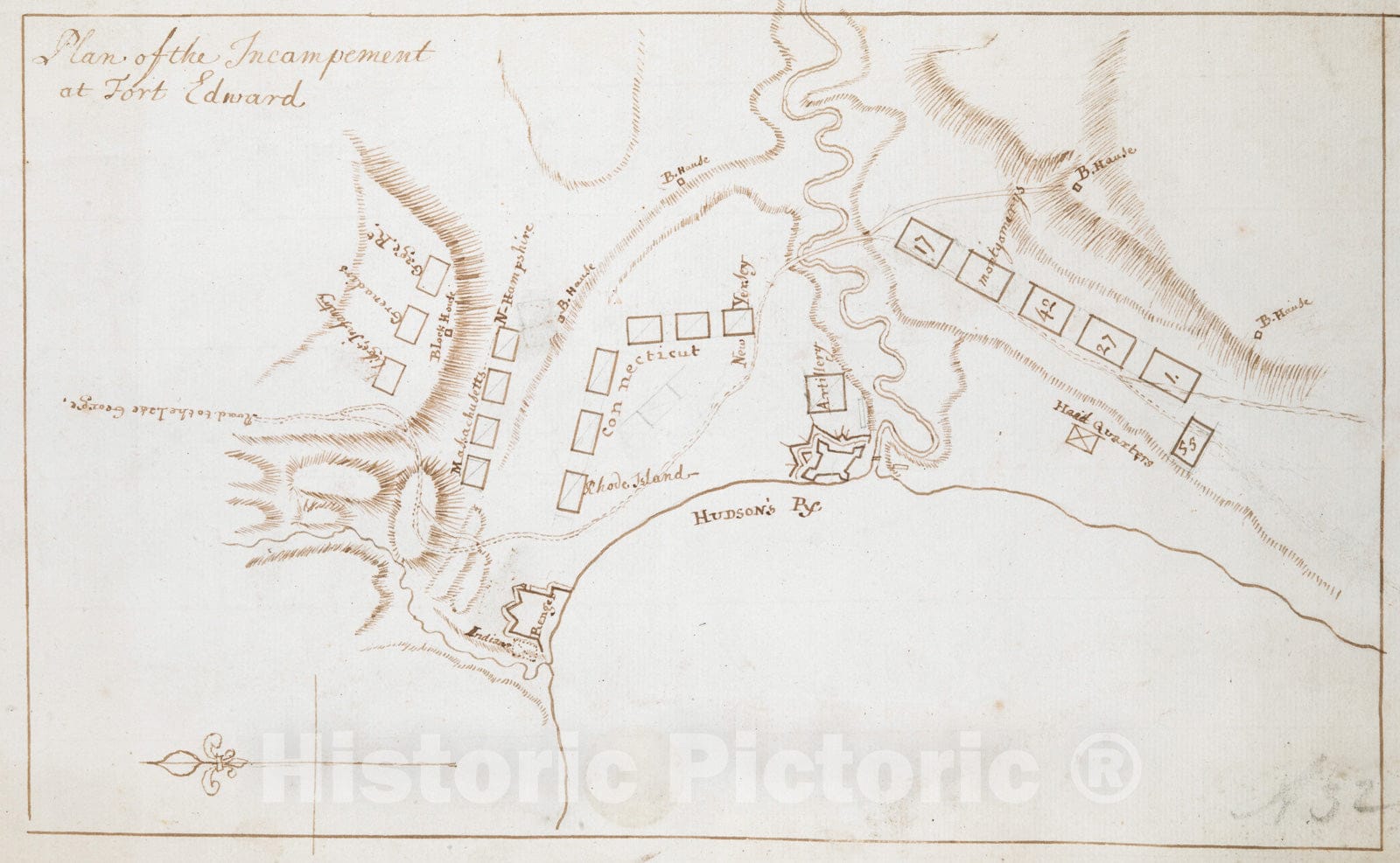 Historical Map, ca. 1759 Plan of The Incampement at Fort Edward, Vintage Wall Art