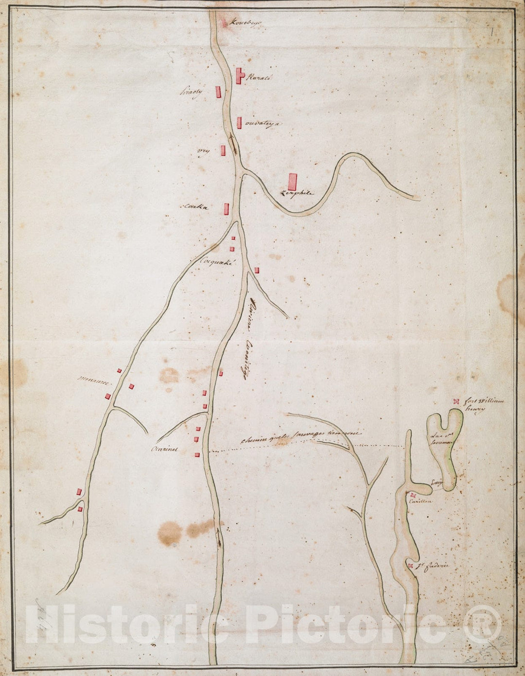 Historical Map, ca. 1755 [Map Showing Fort William Henry, Fort Carillon, Fort St Frederic, and The Upper reaches of The Connecticut River], Vintage Wall Art