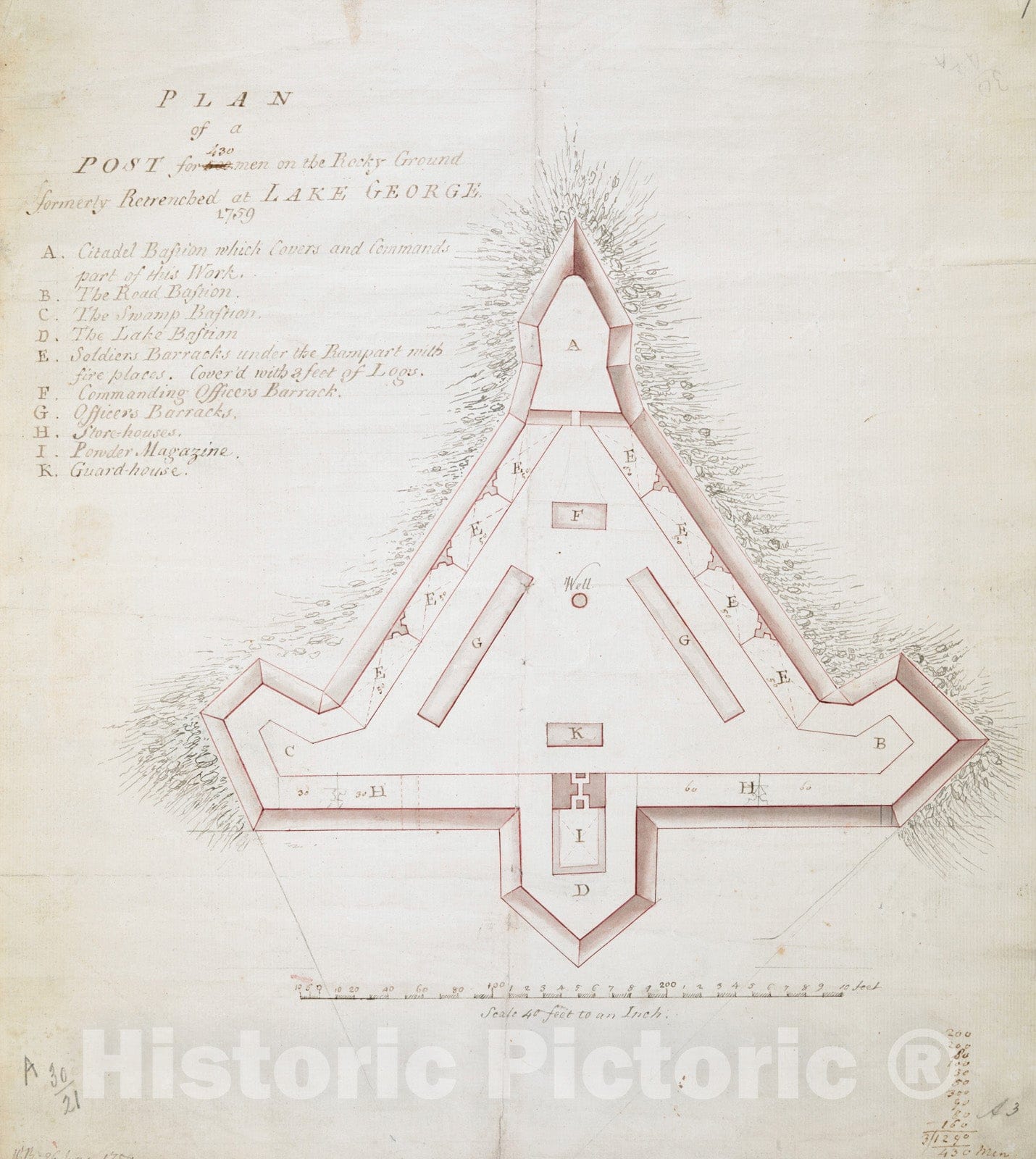 Historical Map, Plan of a Post for 430 Men on The Rocky Ground Formerly Retrenched at Lake George 1759, Vintage Wall Art