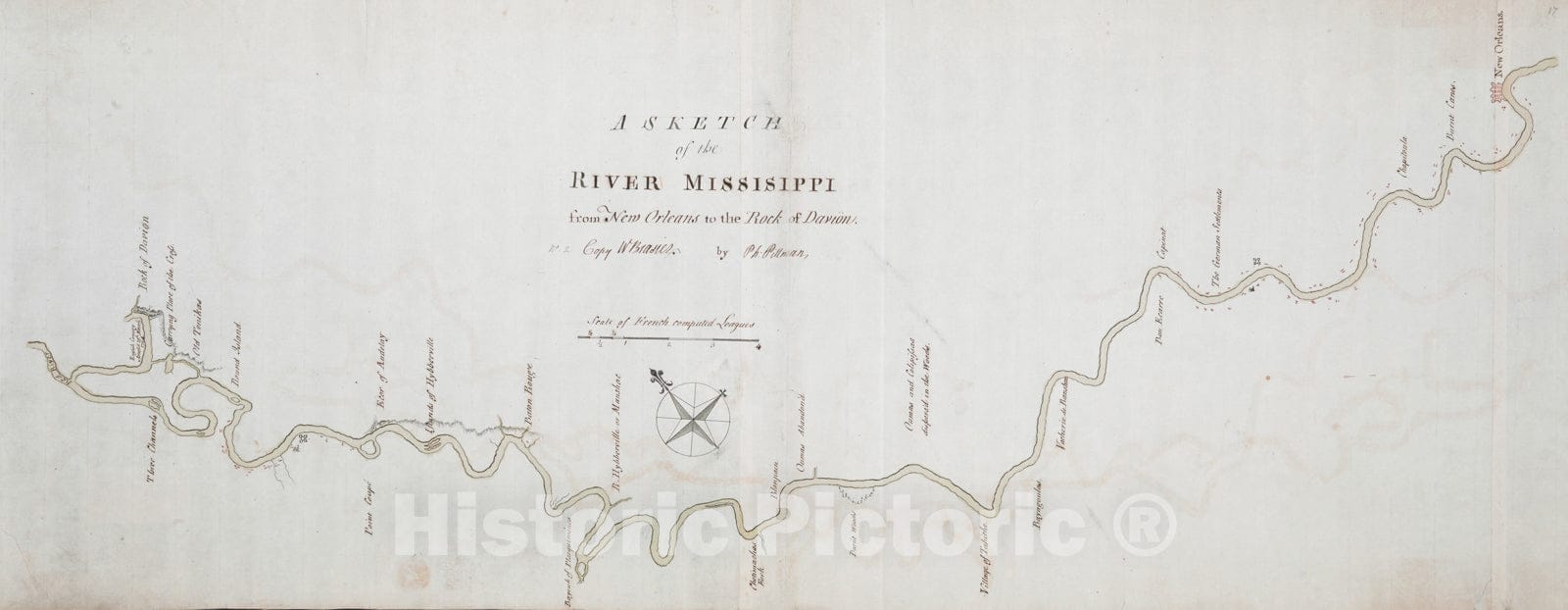 Historical Map, ca. 1770 A Sketch of The River MISSISIPPI from New Orleans to The Rock of Davion, Vintage Wall Art