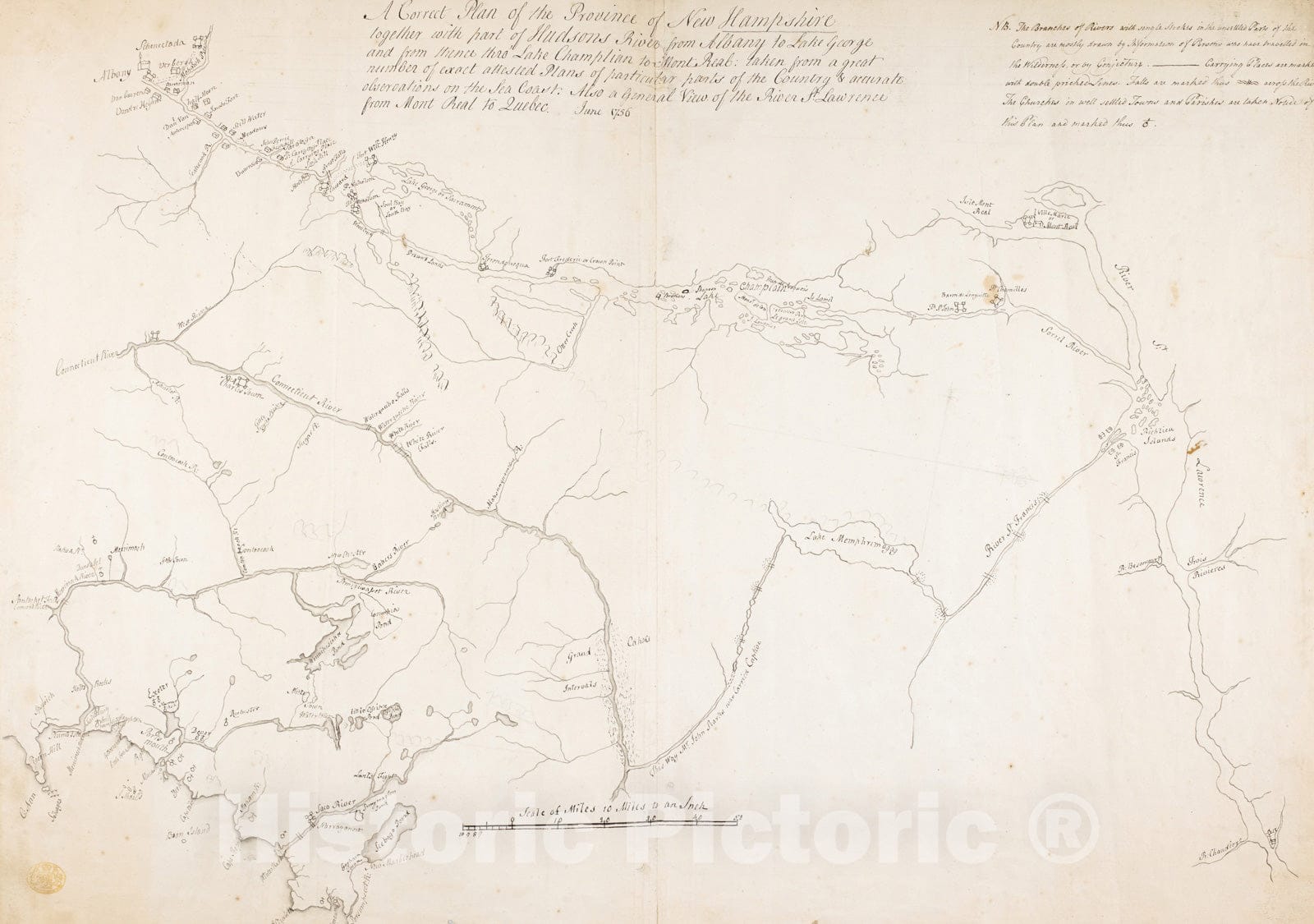 Historical Map, 1756 A Correct Plan of The Province of New Hampshire Together with pof Hudsons River from Albany to Lake George and from thence Thro' Lake Champlain, Vintage Wall Art