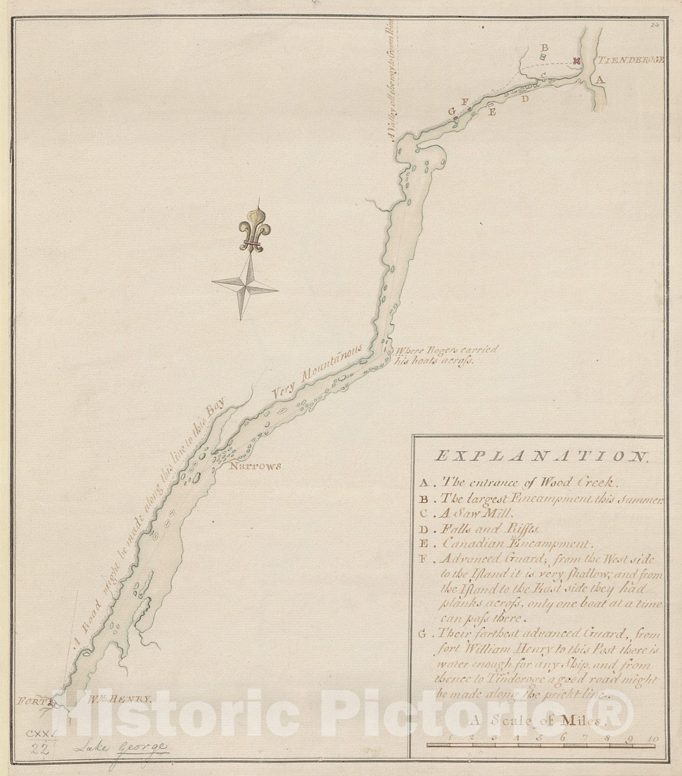 Historical Map, 1756 [A map of Lake George from Fort William Henry to Ticonderoga], Vintage Wall Art