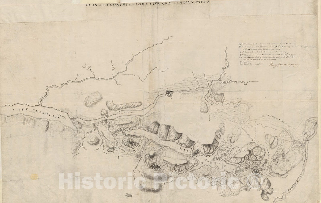 Historical Map, 1756-1759 Plan of The Country from Fort Edward to Crown Point, Vintage Wall Art