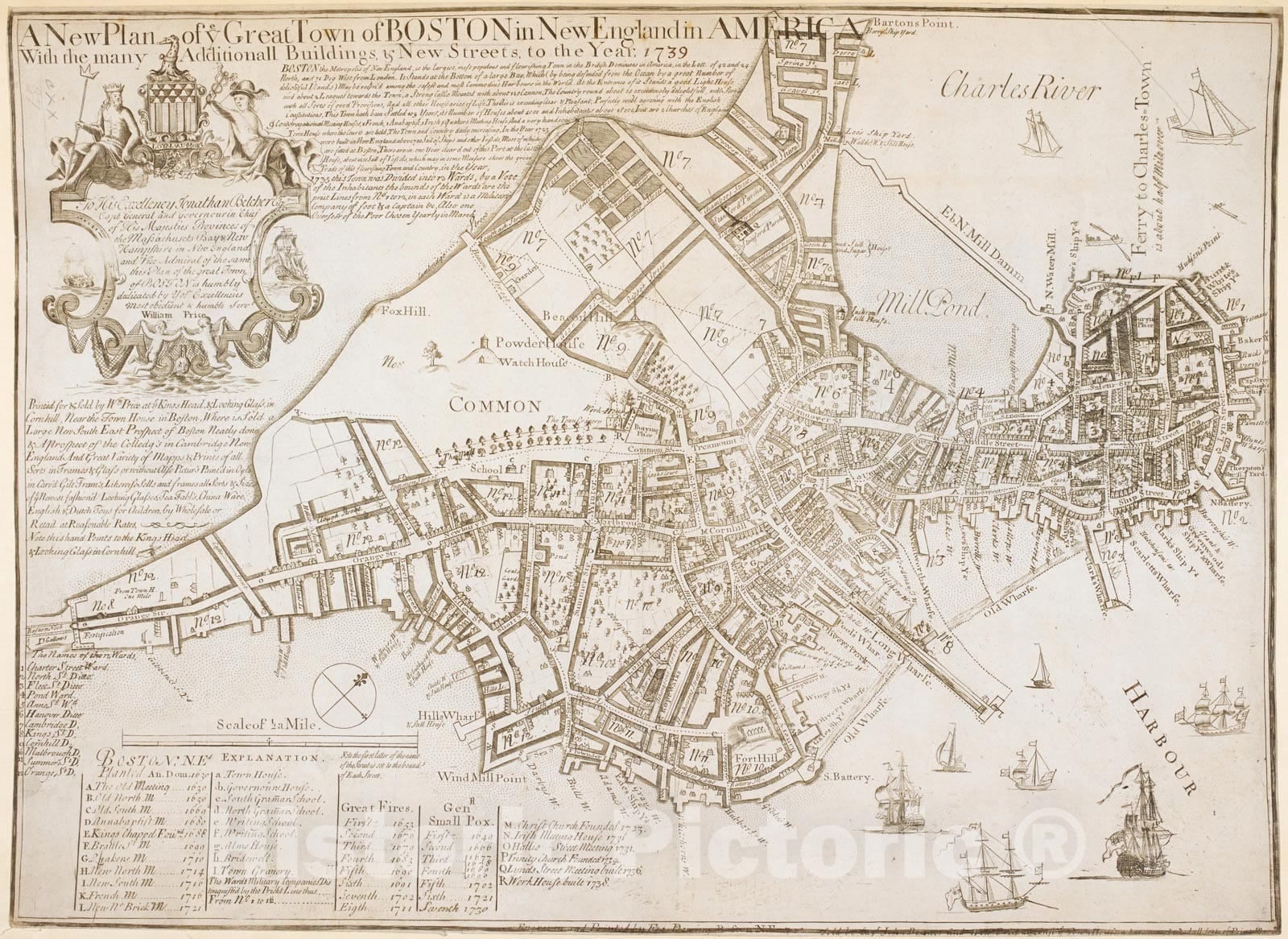 Historical Map, A New Plan of ye Great Town of Boston in New England in America with The Many Additionall Buildings & New Streets to The Year, 1739, Vintage Wall Art