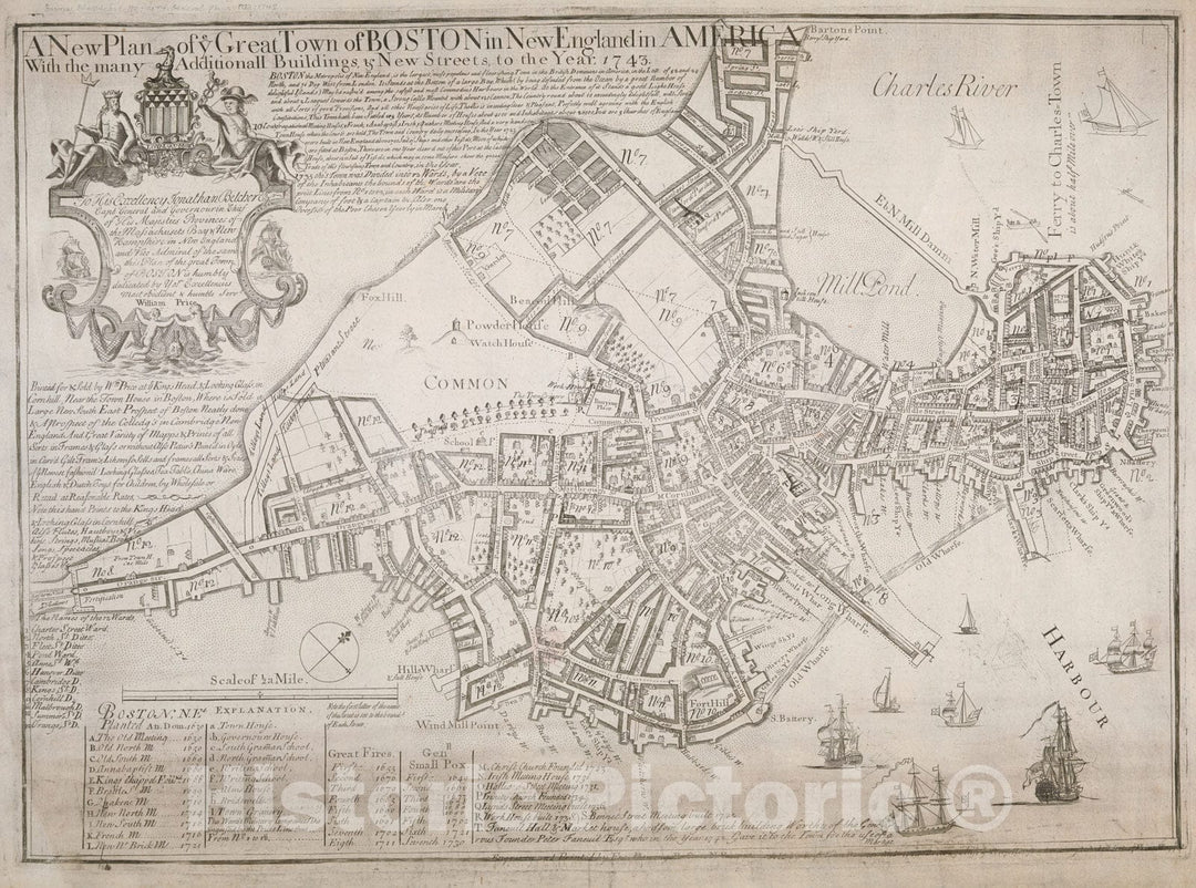 Historical Map, A New Plan of ye Great Town of Boston in New England in America with The Many additionall Buildings & New Streets to The Year 1743, Vintage Wall Art