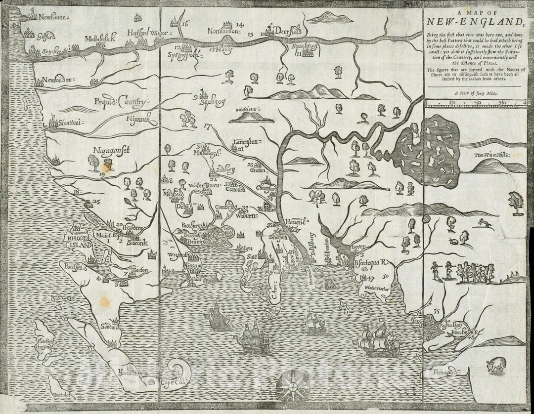 Historical Map, 1677 A map of New-England, Being The First That Ever was here Cut, and Done by The Best Pattern That Could be had, which Being in Some Places defective, Vintage Wall Art