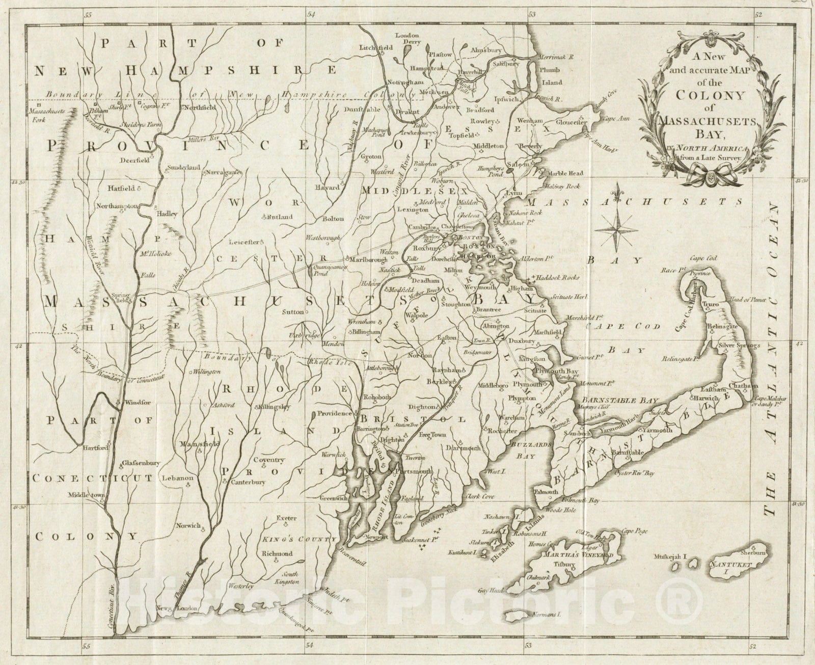 Historical Map, 1780 A New and Accurate map of The Colony of Massachusets Bay, in North America, from a Late Survey, Vintage Wall Art