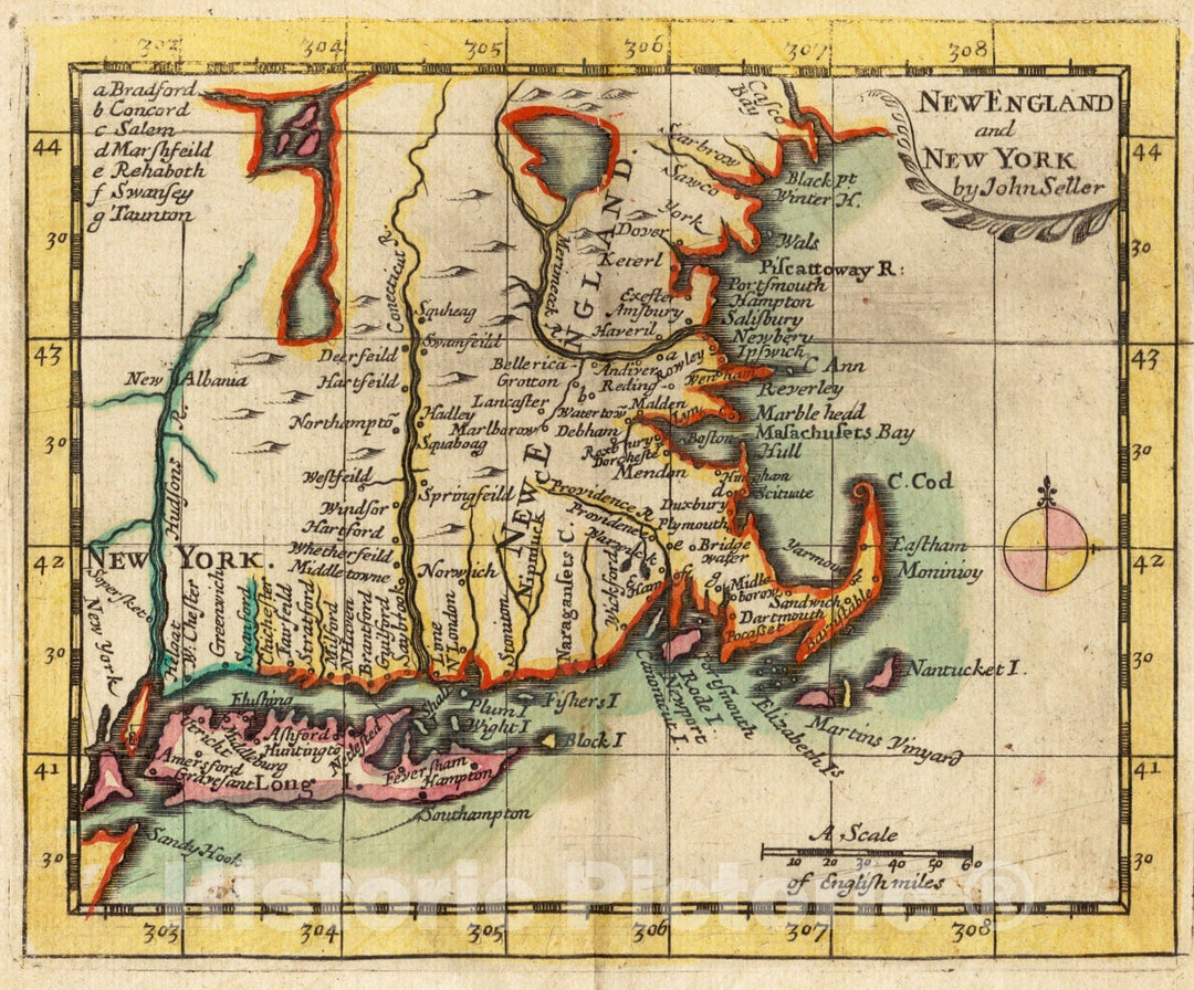 Historical Map, 1703 New England and New York, Vintage Wall Art