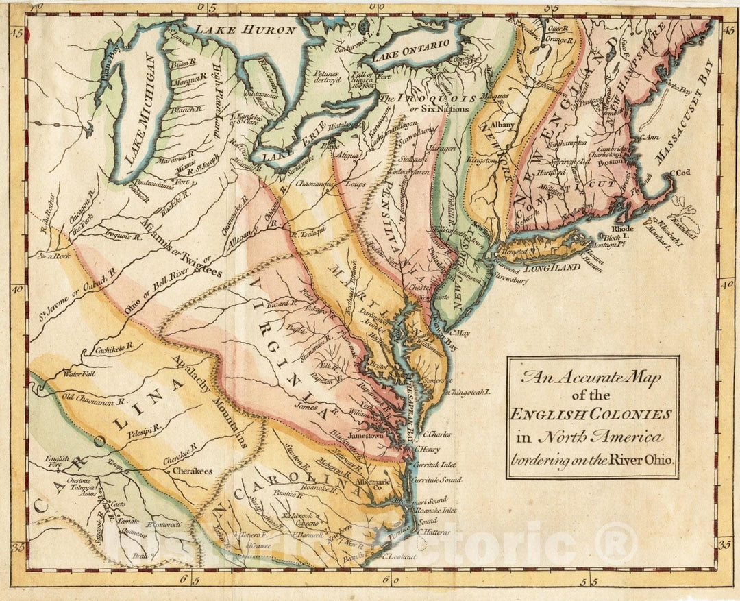 Historical Map, 1754 an Accurate map of The English Colonies in North America, bordering on The River Ohio, Vintage Wall Art