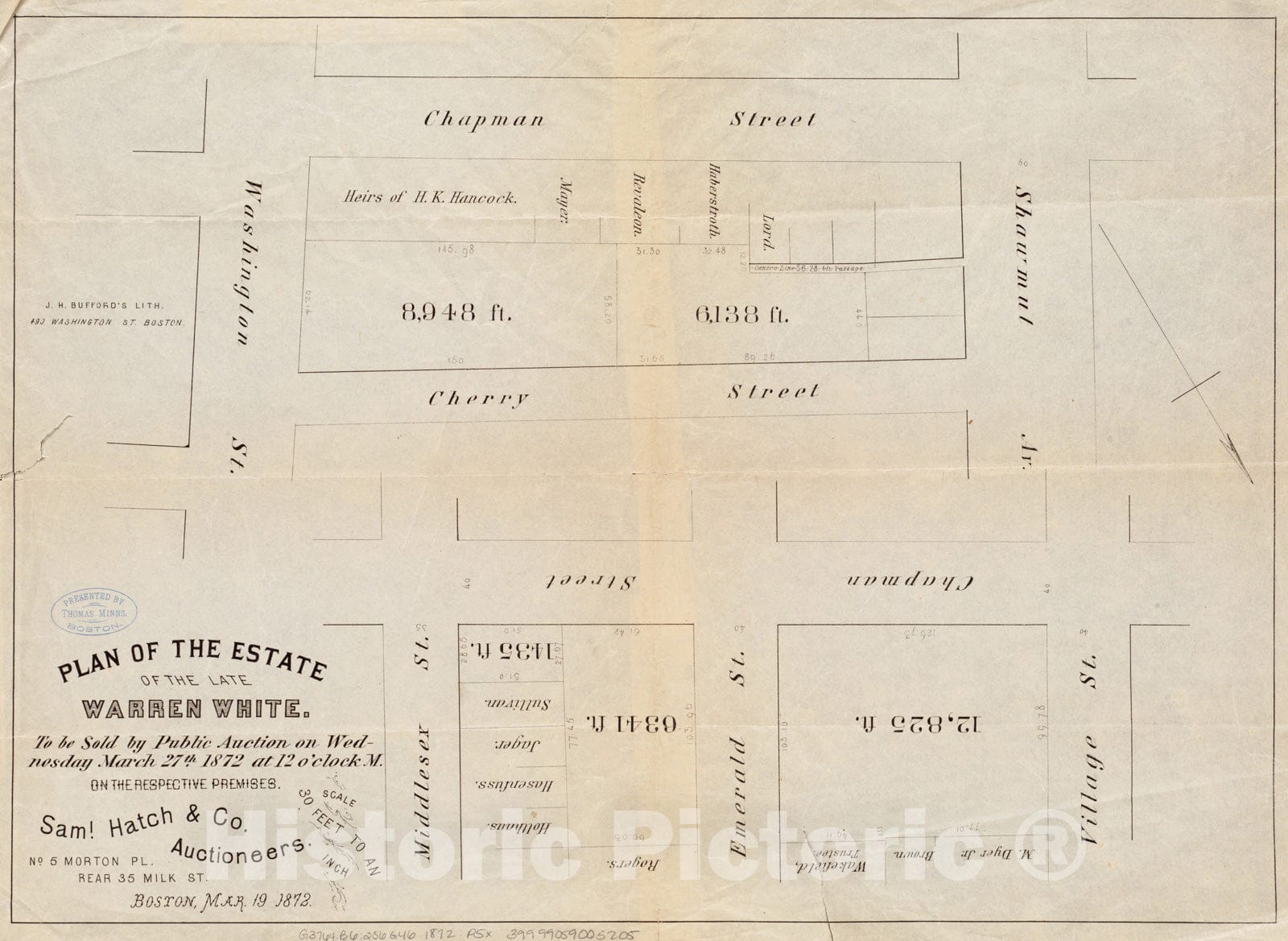 Historical Map, Plan of The Estate of The Late Warren White : to be Sold at Public Auction on Wednesday March 27th 1872 at 12 o'clock m. on The respective Premises, Vintage Wall Art