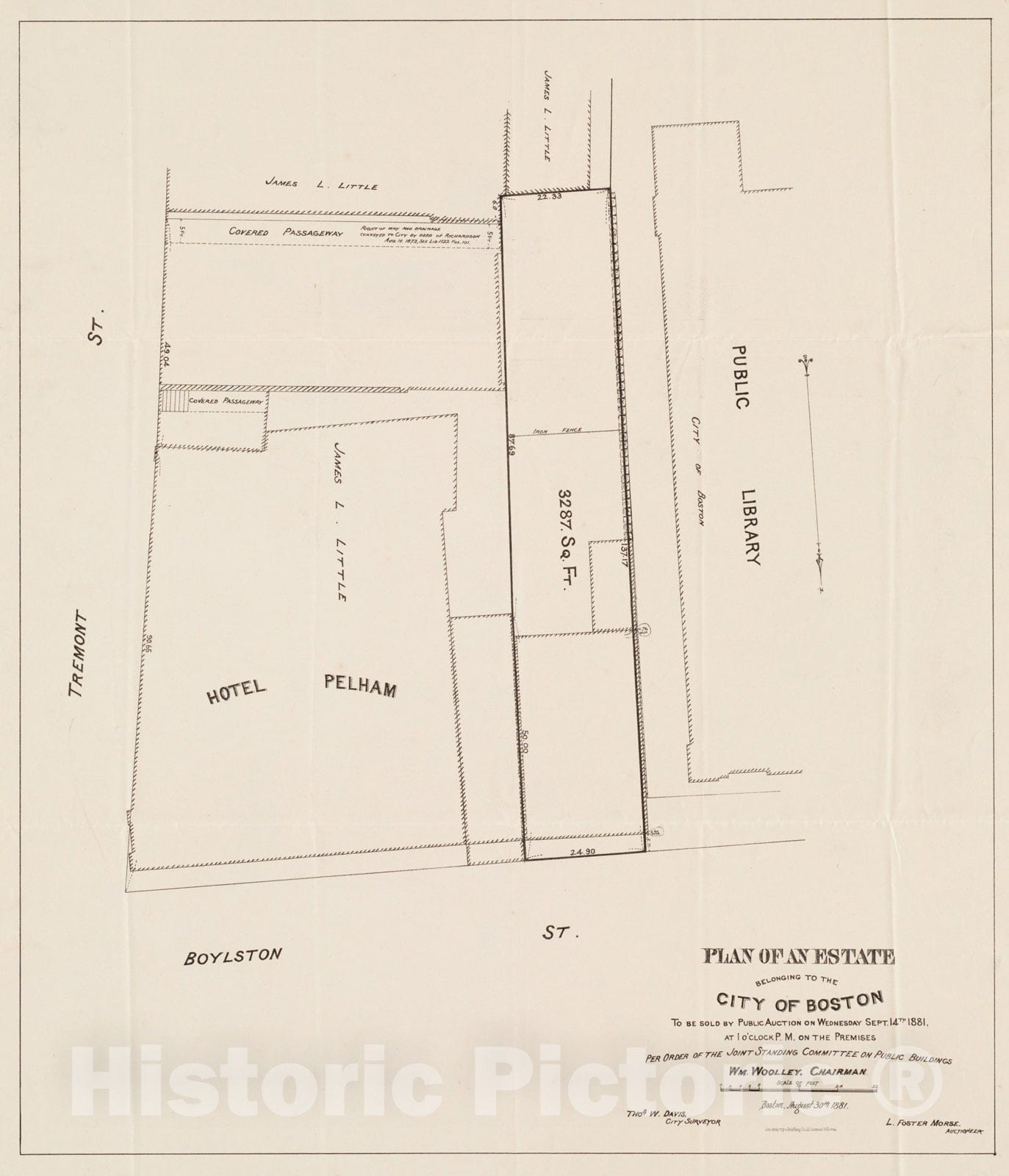 Historical Map, Plan of an Estate Belonging to The City of Boston to be Sold by Public Auction on Wednesday, Sept. 14th, 1881: per Order of The Joint Standing Co, Vintage Wall Art