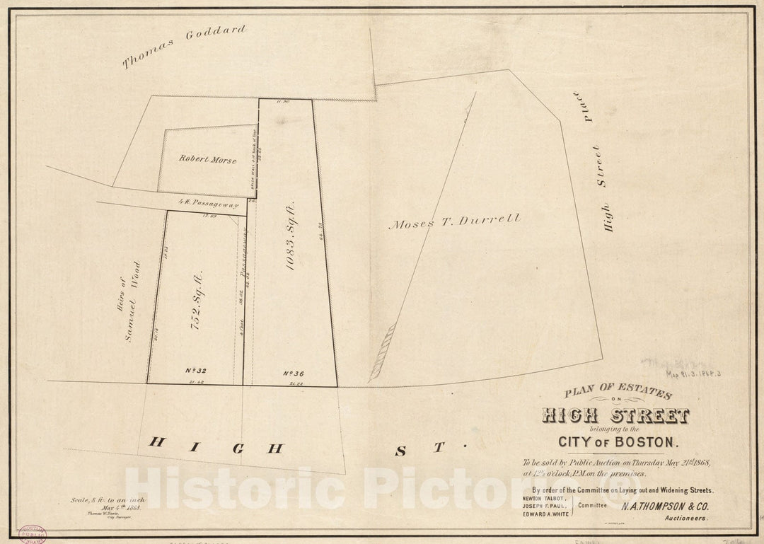 Historical Map, 1868 Plan of estates on High Street belonging to the City of Boston : to be sold by public auction on Thursday May 21st 1868, at 12 1/2 o'clock, P.M. on the premises, Vintage Wall Art