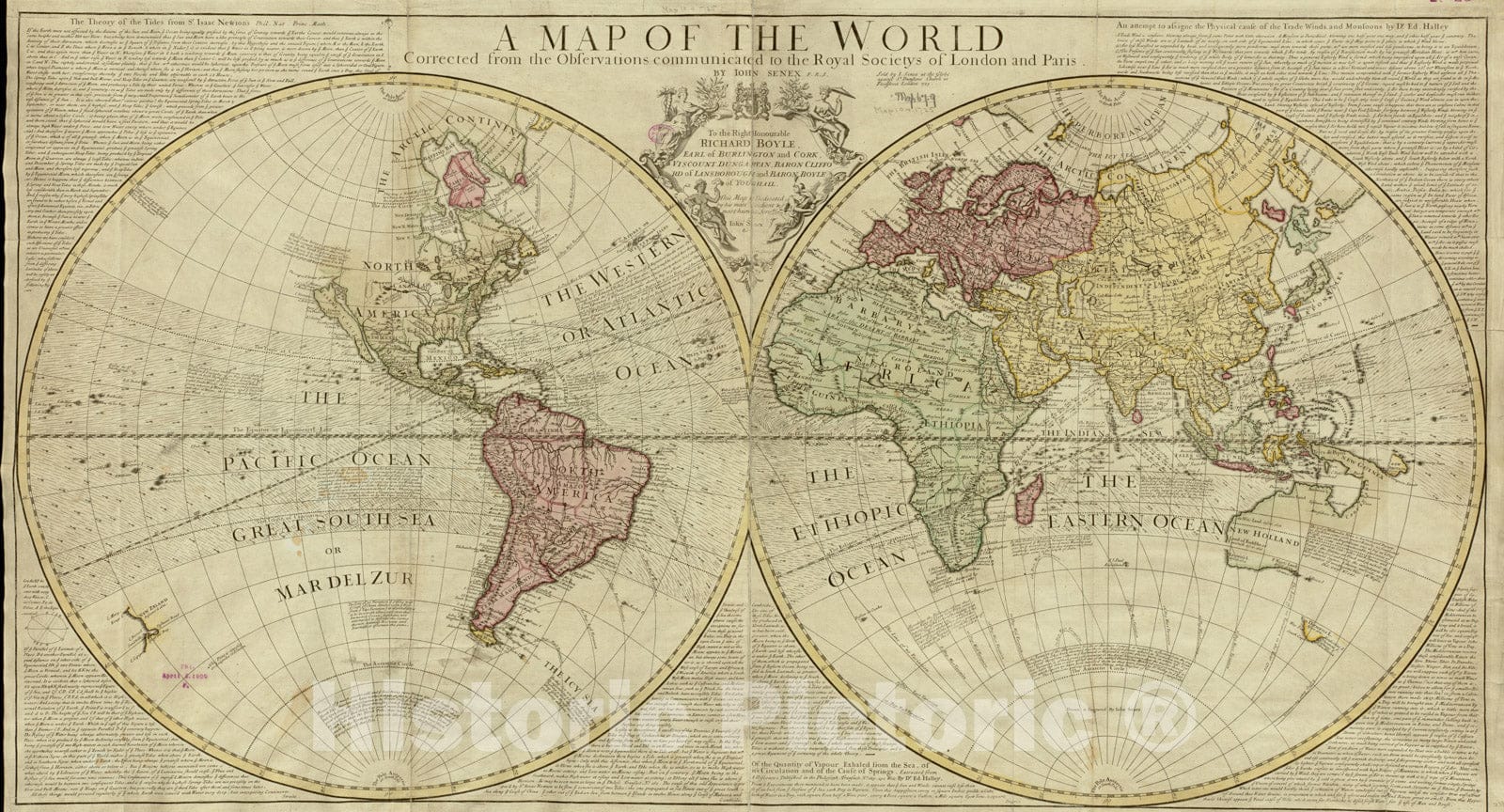 Historical Map, 1725 A map of The World : Corrected from The observations communicated to The Royal Societys of London and Paris, Vintage Wall Art