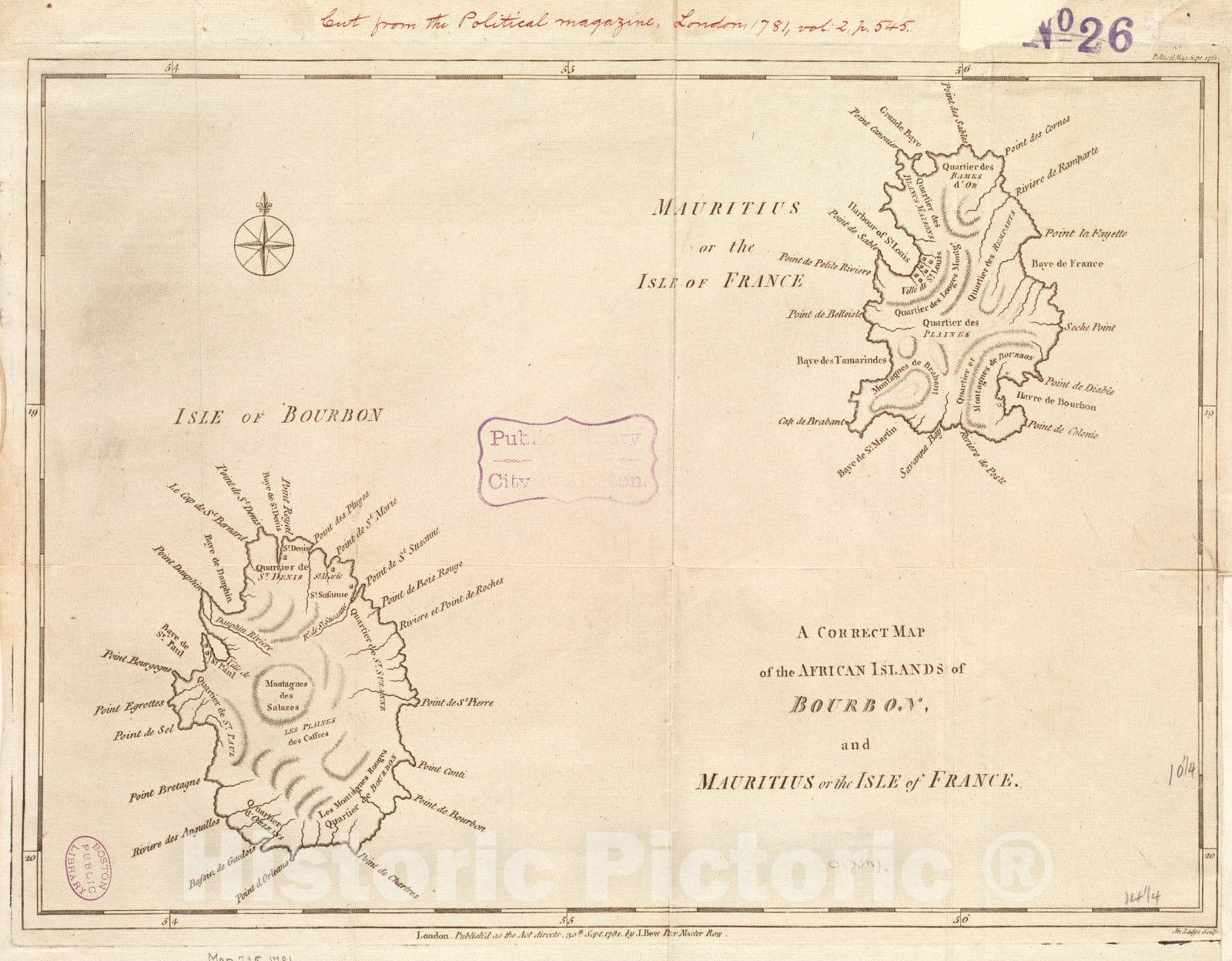 Historical Map, 1781 A Correct map of The African Islands of Bourbon, and Mauritius or The Isle of France, Vintage Wall Art