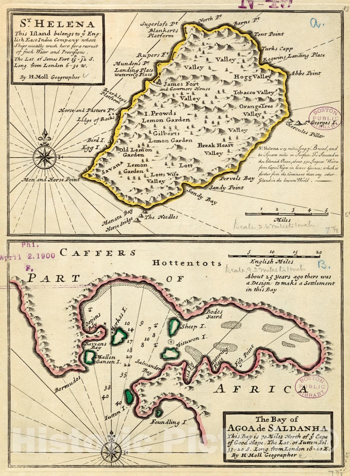 Historical Map, 1732-1736 St. Helena : This Island Belongs to ye English East India Company Whose Ships Usually Touch here for a Recruit of Fresh Water and provisions, Vintage Wall Art