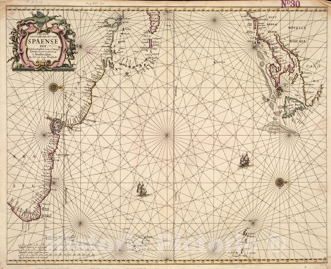 Historical Map, 1661 Pascaerte Van 't westelyckste deel vande Spaense Zee, tuschen Brasil, de zoute en Vlaemse eylanded, en voorwestwart, Vintage Wall Art