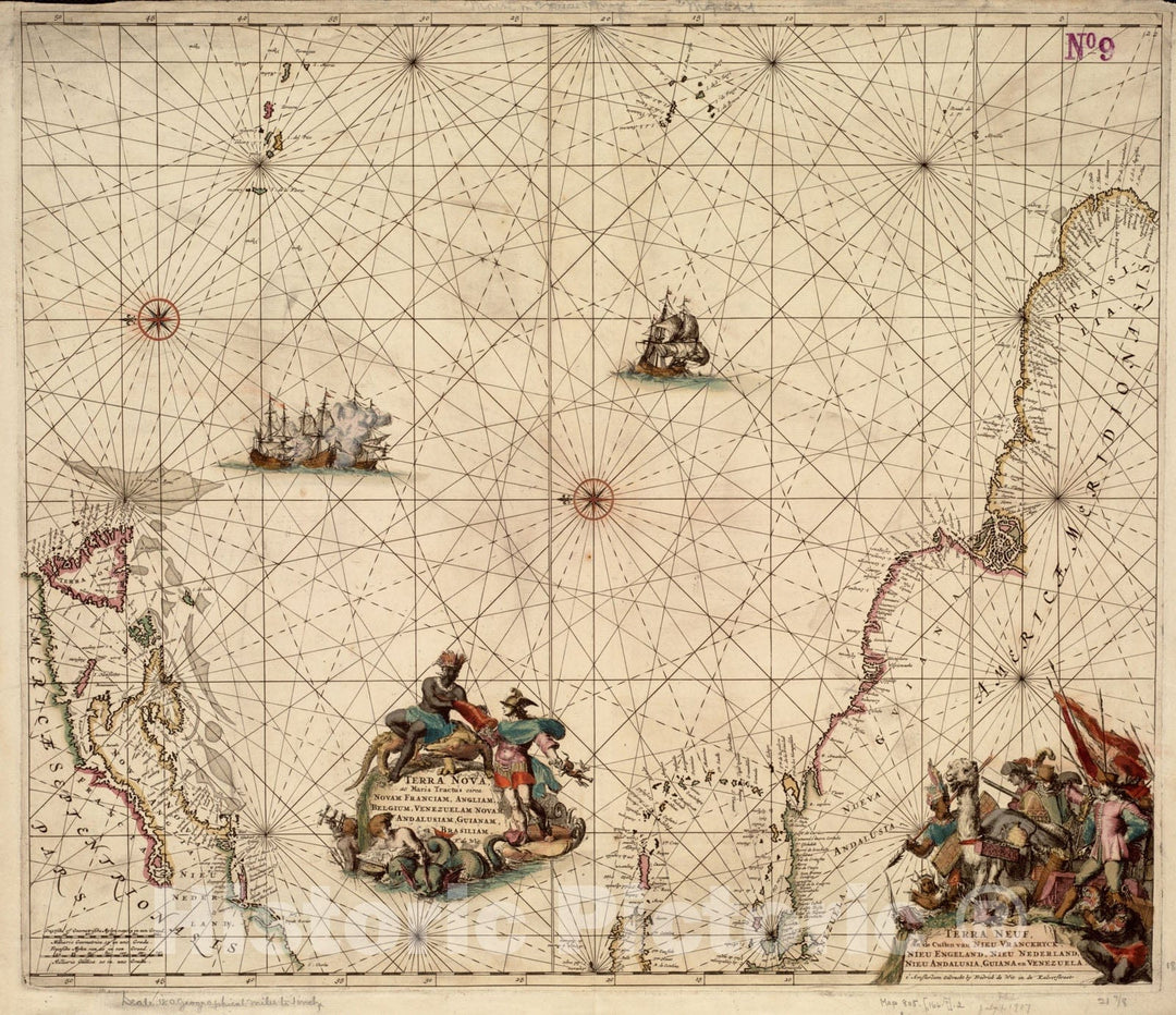 Historical Map, 1680 Terra nova, ac Maris tractus Circa Novam Franciam, Angliam, Belgium, Venezuelam Novam, Andalusiam, Guianan, et Brasiliam = Terra Neuf, en de custen, Vintage Wall Art