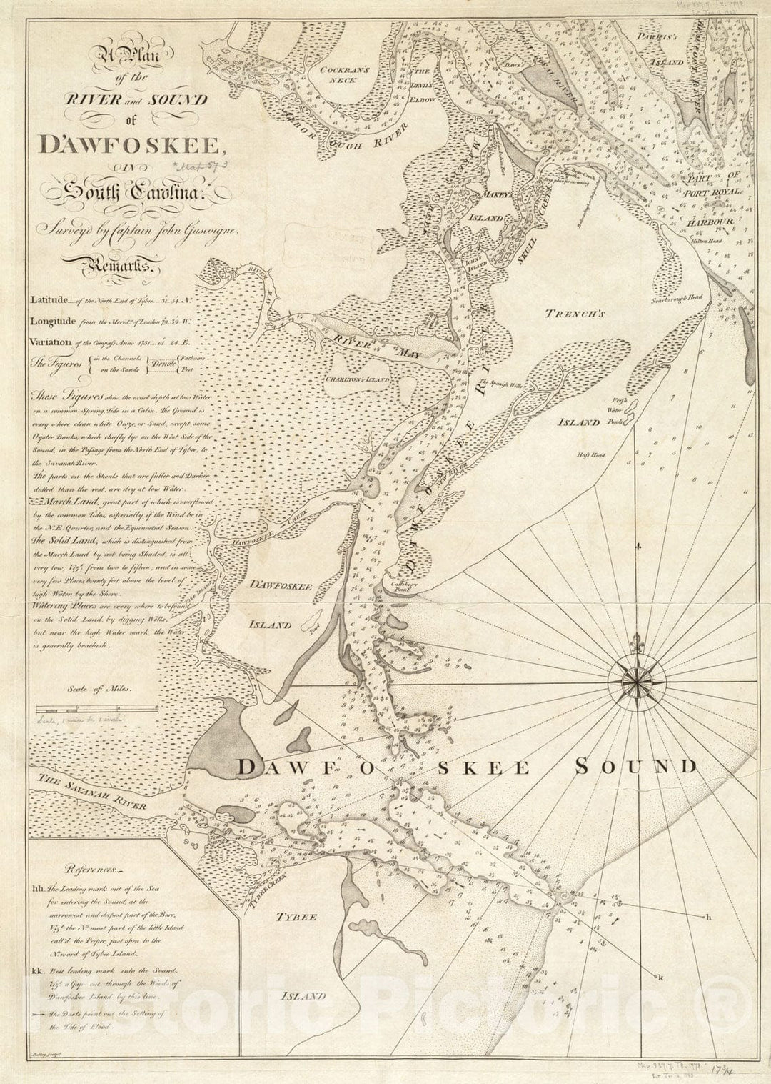 Historical Map, 1773 A Plan of The River and Sound of D'Awfoskee in South Carolina, Vintage Wall Art