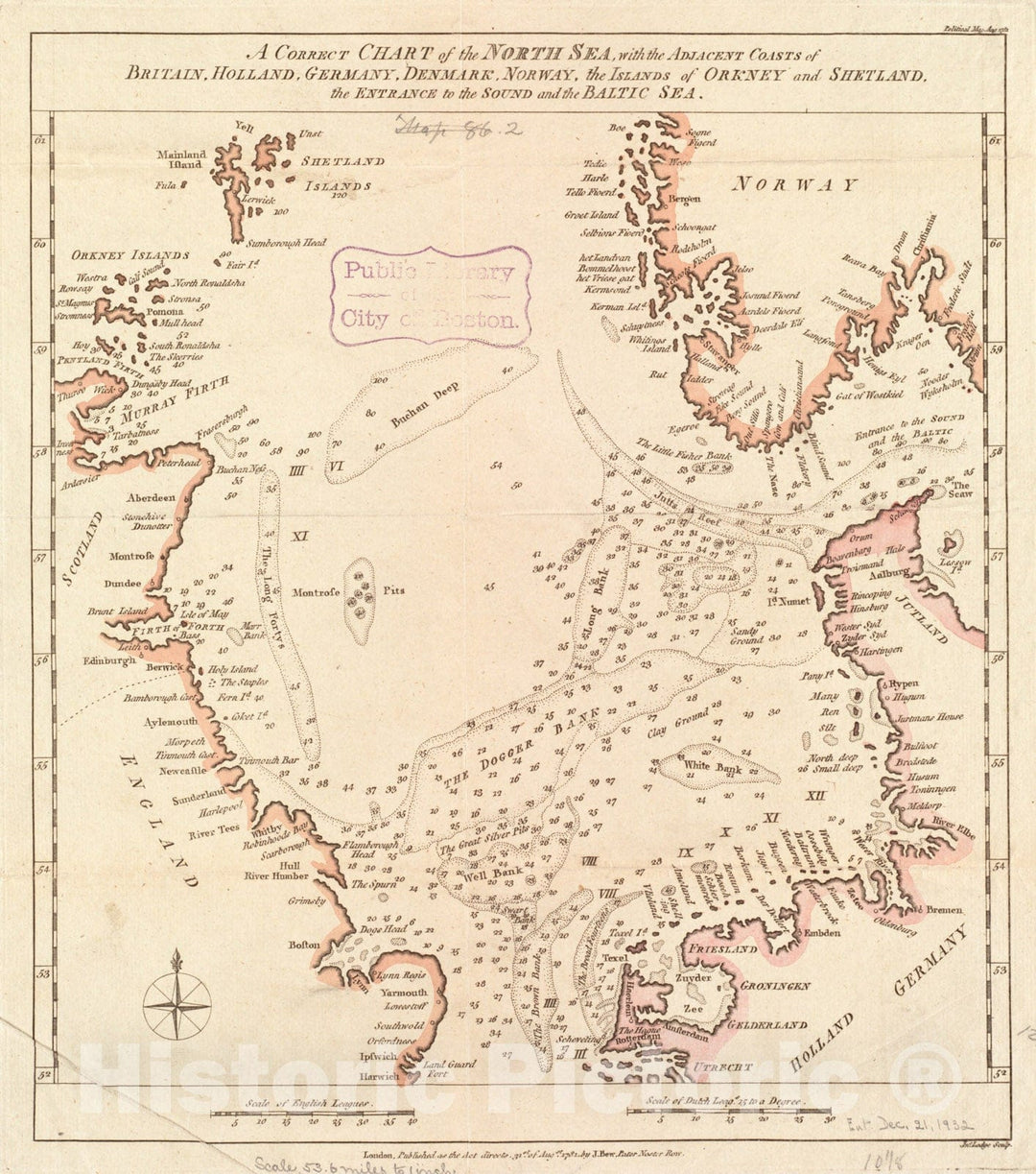 Historical Map, 1781 A Correct Chart of The North Sea, with The Adjacent coasts of Britain, Holland, Germany, Denmark, Norway, The Islands of Orkney and Shetland, Vintage Wall Art