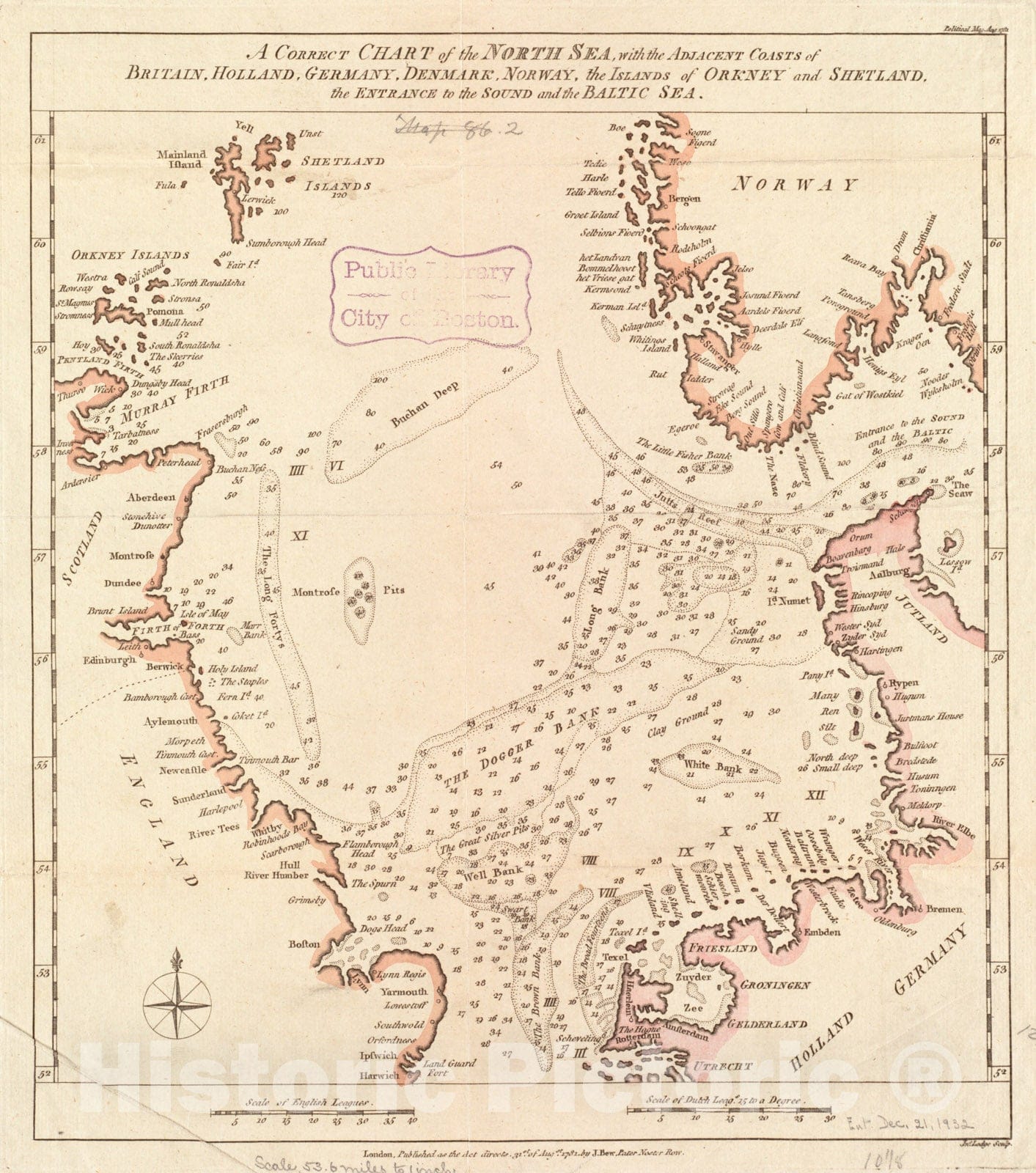 Historical Map, 1781 A Correct Chart of The North Sea, with The Adjacent coasts of Britain, Holland, Germany, Denmark, Norway, The Islands of Orkney and Shetland, Vintage Wall Art