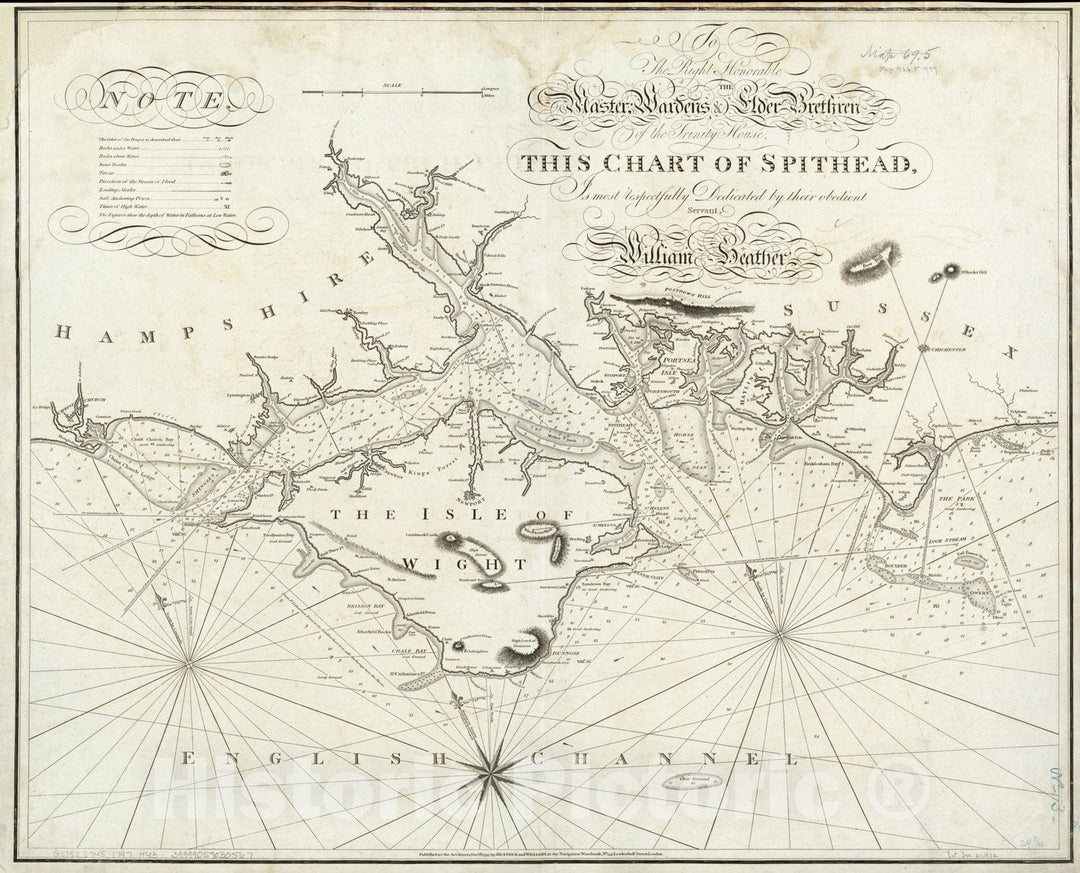 Historical Map, 1797 to The Right Honorable The Master, Wardens & Elder Brethren of The Trinity House, This Chart of Spithead is Dedicated, Vintage Wall Art