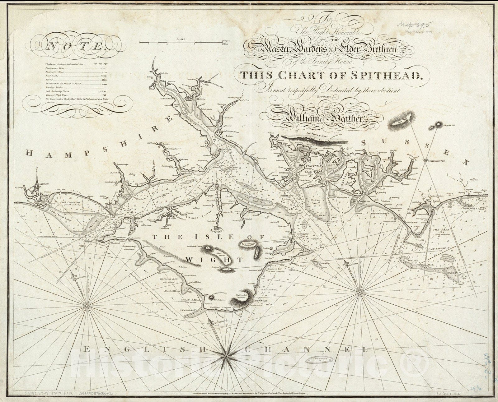 Historical Map, 1797 to The Right Honorable The Master, Wardens & Elder Brethren of The Trinity House, This Chart of Spithead is Dedicated, Vintage Wall Art