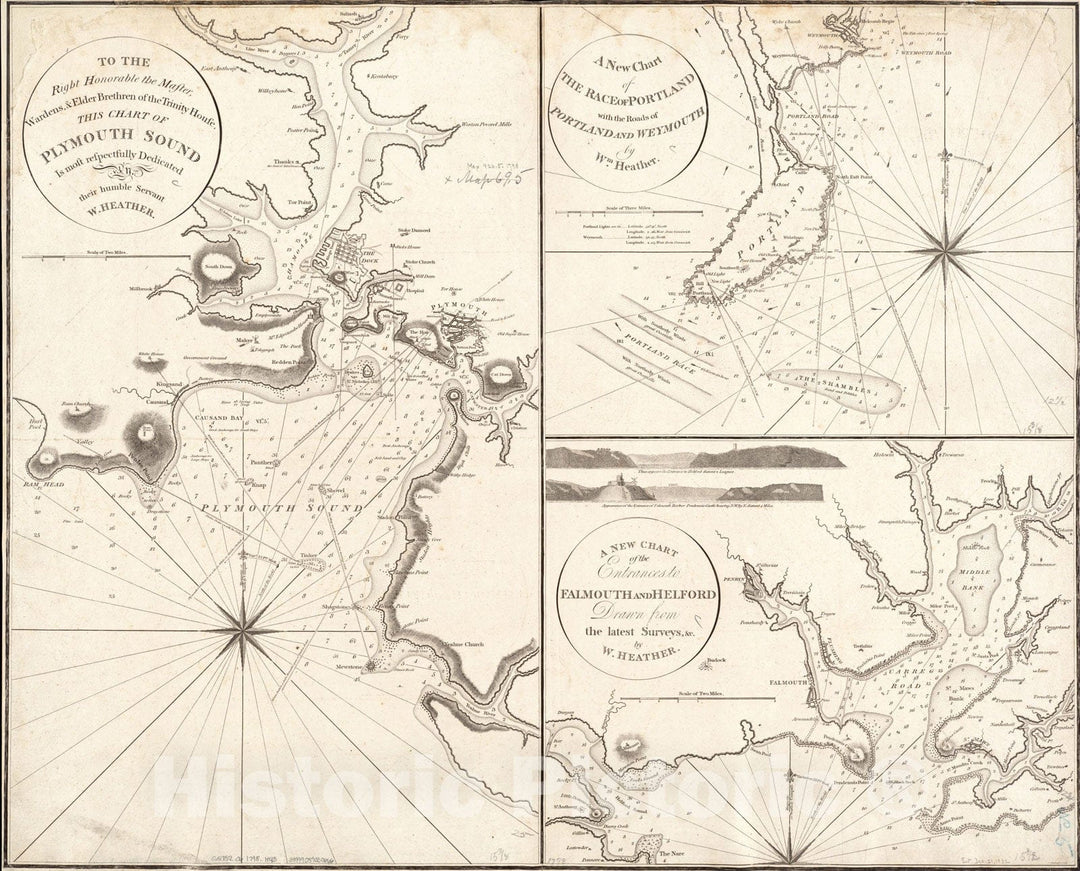 Historical Map, 1798 To the Right Honorable the Master, Wardens & Elder Brethren of the Trinity House, this Chart of Plymouth Sound isdedicated, Vintage Wall Art