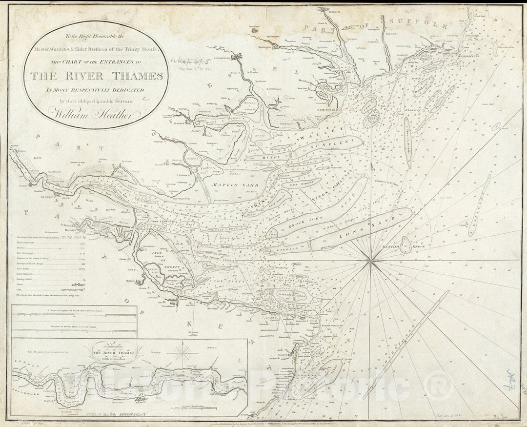 Historical Map, 1801 To the Right Honourable the Master, Wardens, Elder Bretham of the Trinity House, this chart of the entrances to The River Thames isdedicated, Vintage Wall Art