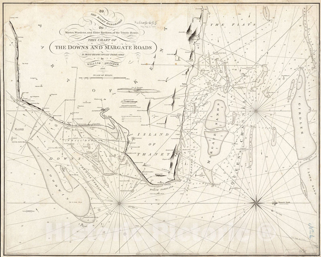 Historical Map, 1797 to The Right Honorable The Master, Wardens, and Elder Brethren, of The Trinity House, This Chart of The Downs and Margate Roads isdedicated, Vintage Wall Art