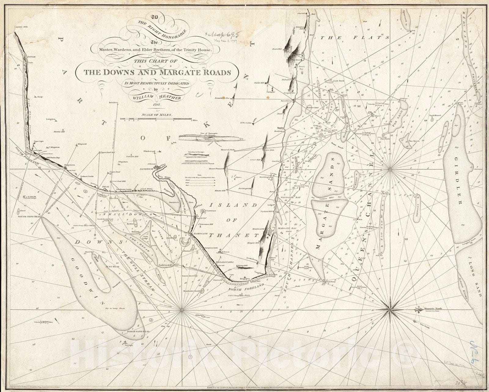 Historical Map, 1797 to The Right Honorable The Master, Wardens, and Elder Brethren, of The Trinity House, This Chart of The Downs and Margate Roads isdedicated, Vintage Wall Art