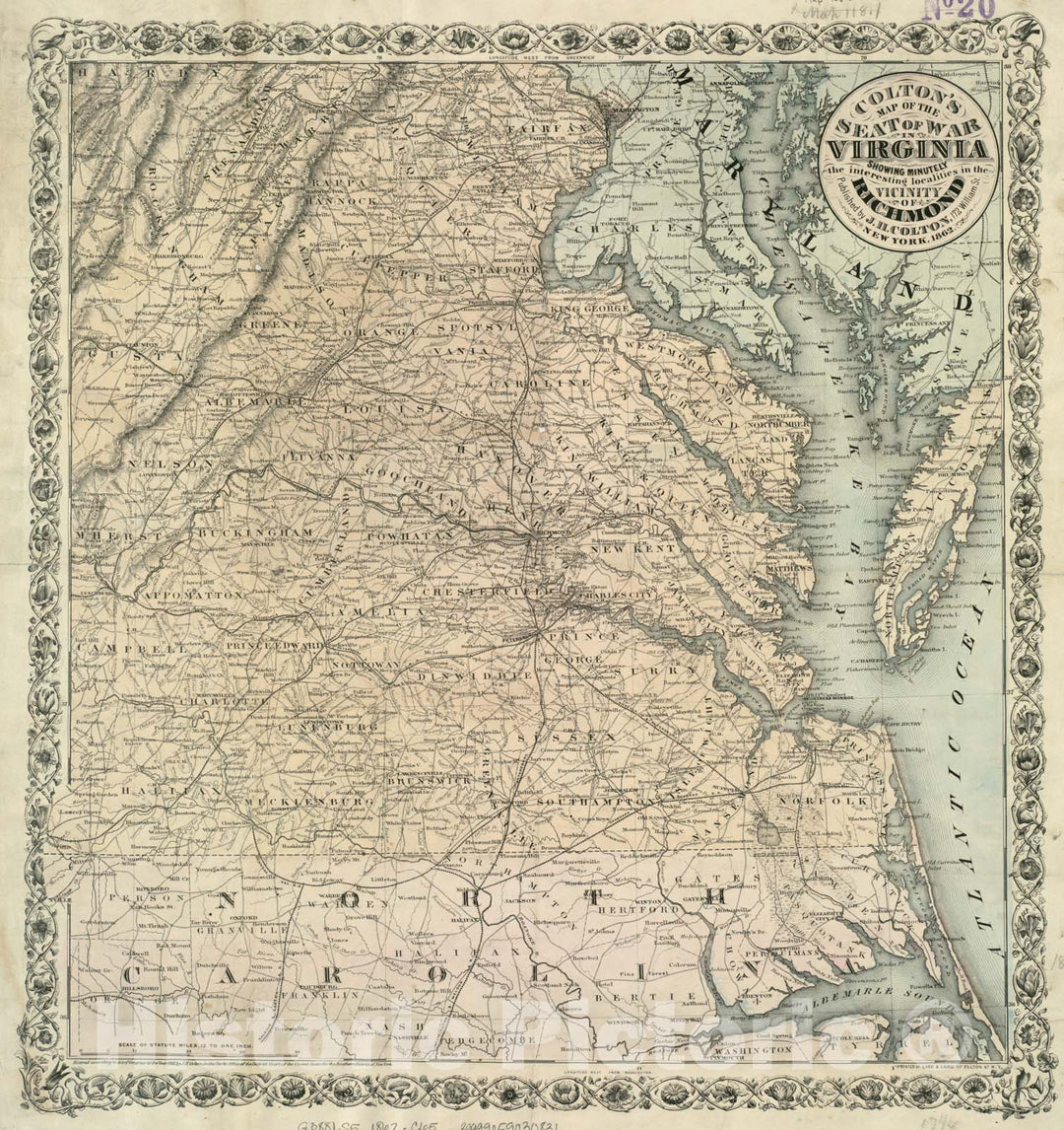 Historical Map, 1862 Colton's map of The seat of war in Virginia : Showing minutely The Interesting localities in The Vicinity of Richmond, Vintage Wall Art