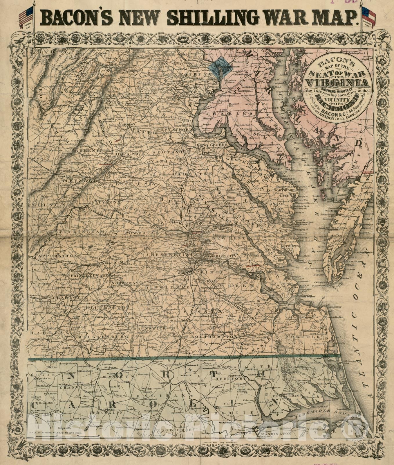 Historical Map, 1862 Bacon's Map of The seat of war in Virginia : Showing minutely The Interesting localities in The Vicinity of Richmond, Vintage Wall Art